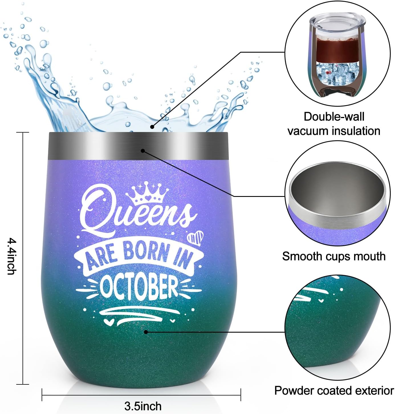 Lifecapido Regalos de cumpleaños para mujeres, vaso de vino de cumpleaños de Queens Are Born in Octubre, 12oz, regalo de cumpleaños de octubre,