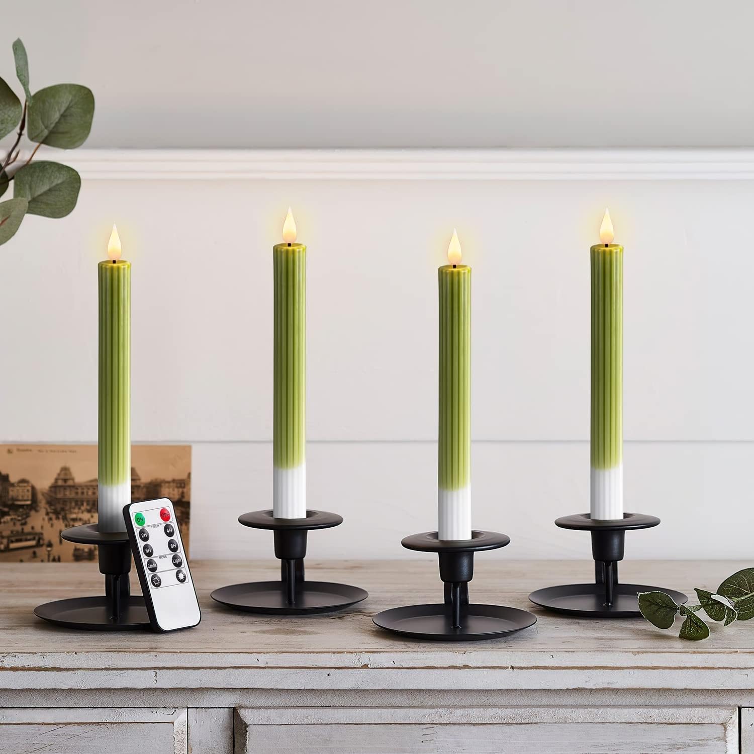 Homemory Velas cónicas sin llama a rayas verdes con temporizador remoto, paquete de 6 velas LED de cera real de 9.6 pulgadas, funciona con pilas,