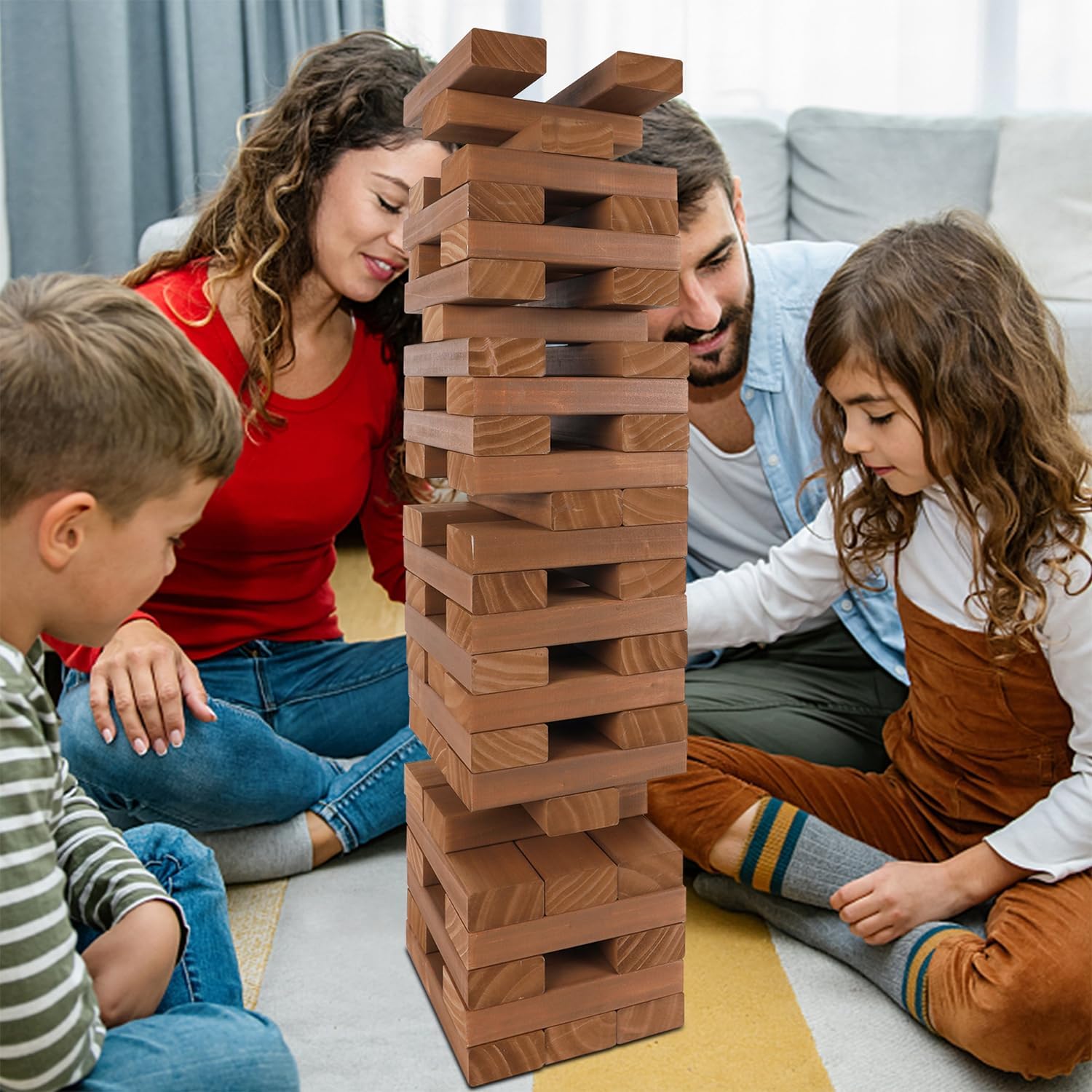 Juegoal Torre gigante de 54 piezas marrón para adultos y niños, juego de apilamiento de bloques de madera con tablero de juego y bolsa de lona,