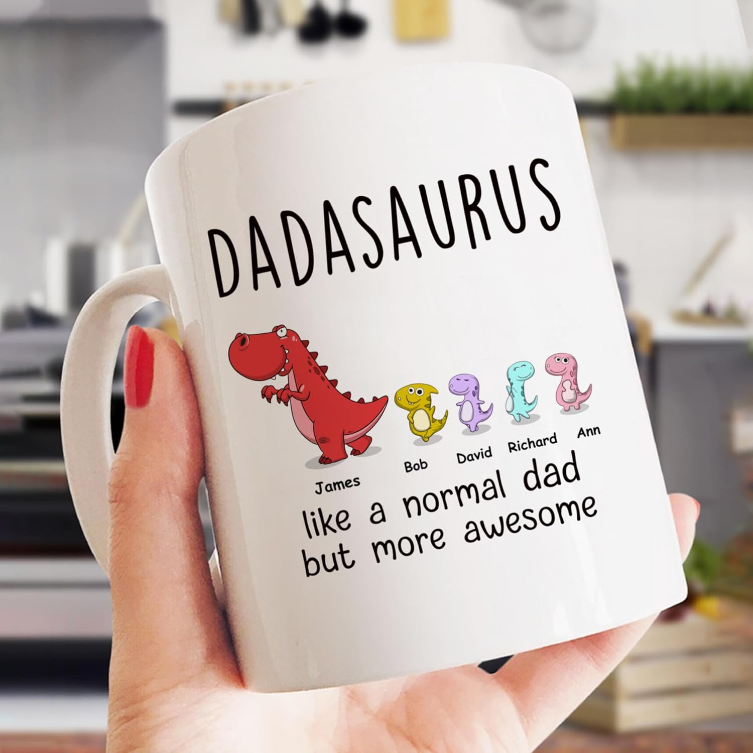 Gossby Taza personalizada DADASAURUS (4 niños)  Divertida taza de café para papá de parte de hija, hijo con avatares de dinosaurios, nombres, regalo