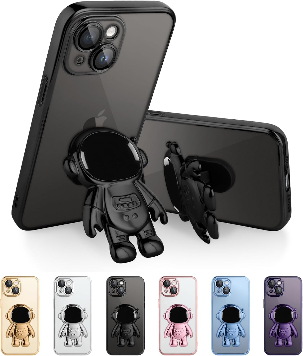 KANGHAR Funda transparente compatible con iPhone 15 con soporte oculto de astronauta chapado en 6D, protección de cámara completa, TPU suave, a