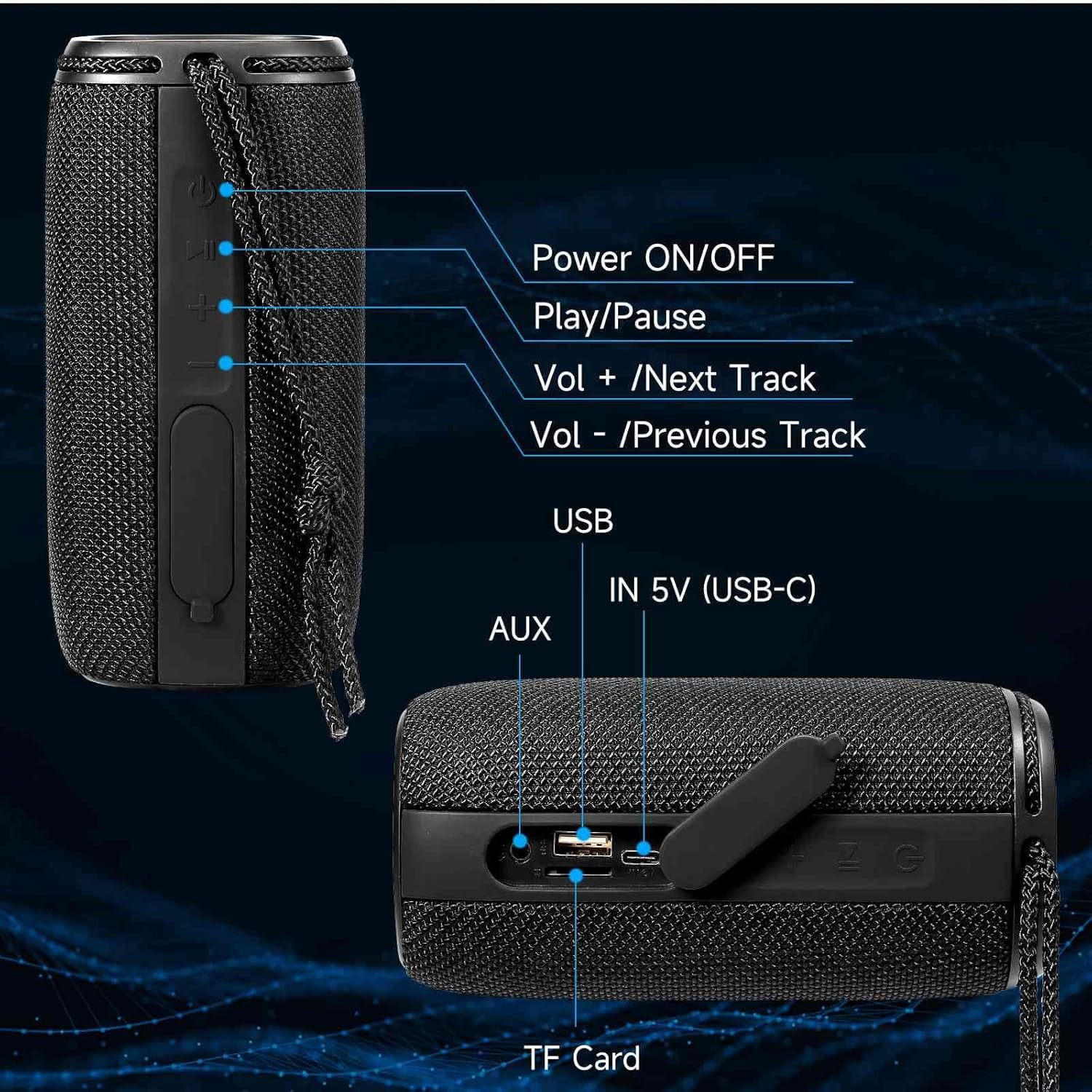 UrbanX Altavoz Bluetooth X808, IPX6 Altavoces impermeables Sonido envolvente HD de 360 con graves intensos, emparejamiento inalámbrico verdadero,