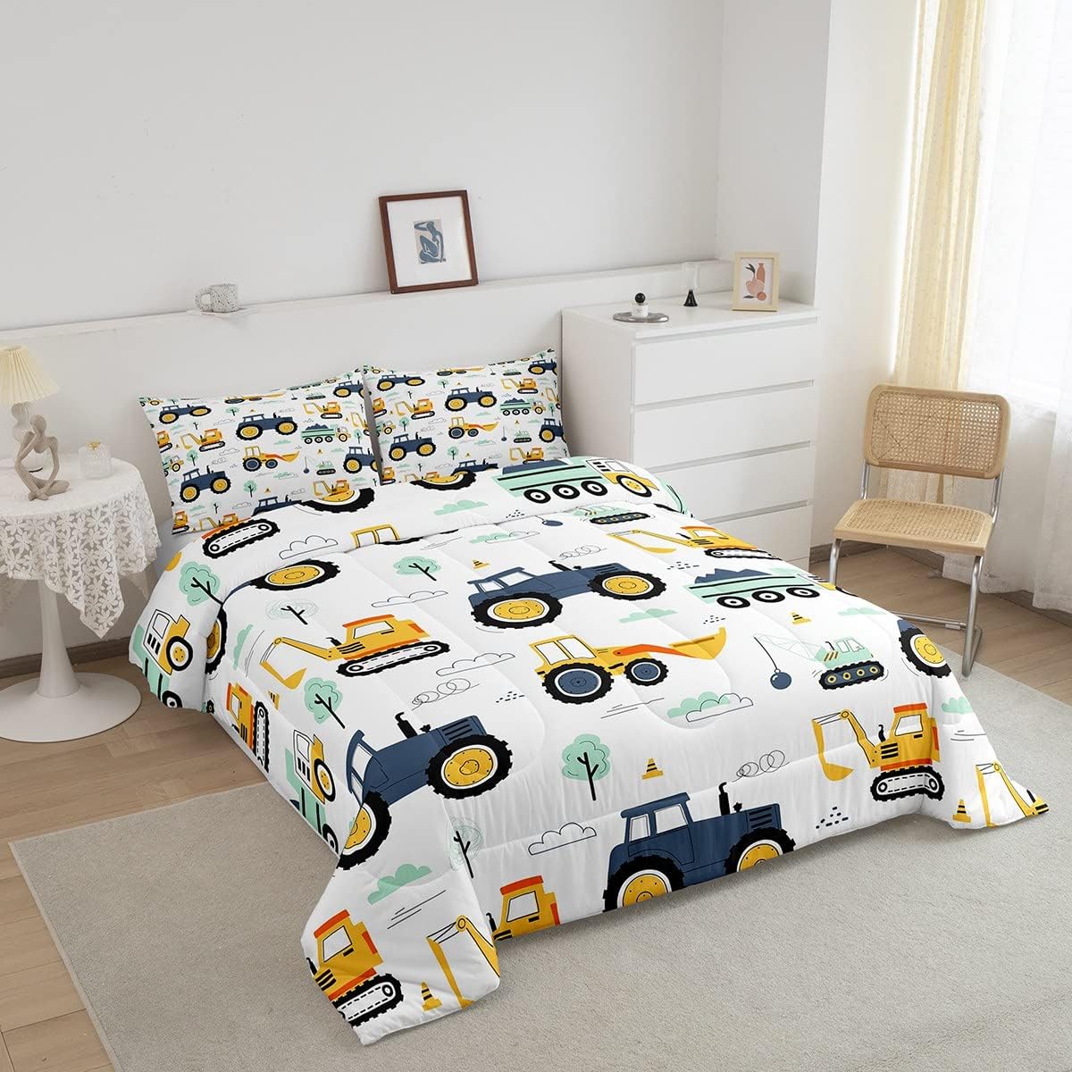Juego de edredón de tractor tamaño Queen, juego de ropa de cama de camión de dibujos animados para niños, niñas y adolescentes, edredón de plumón de