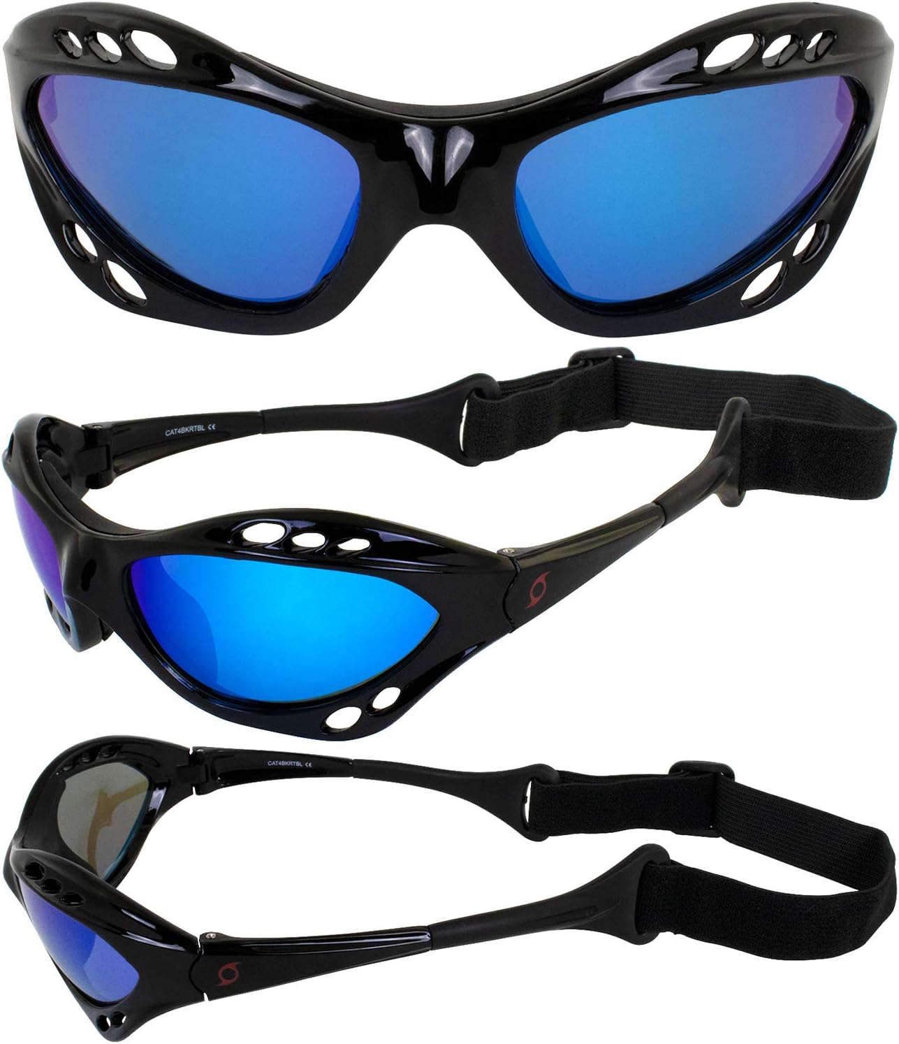 Gafas flotantes polarizadas para moto acuática de categoría 4, juego de 2 unidades, marcos acolchados negros con lentes de espejo ahumado y azul