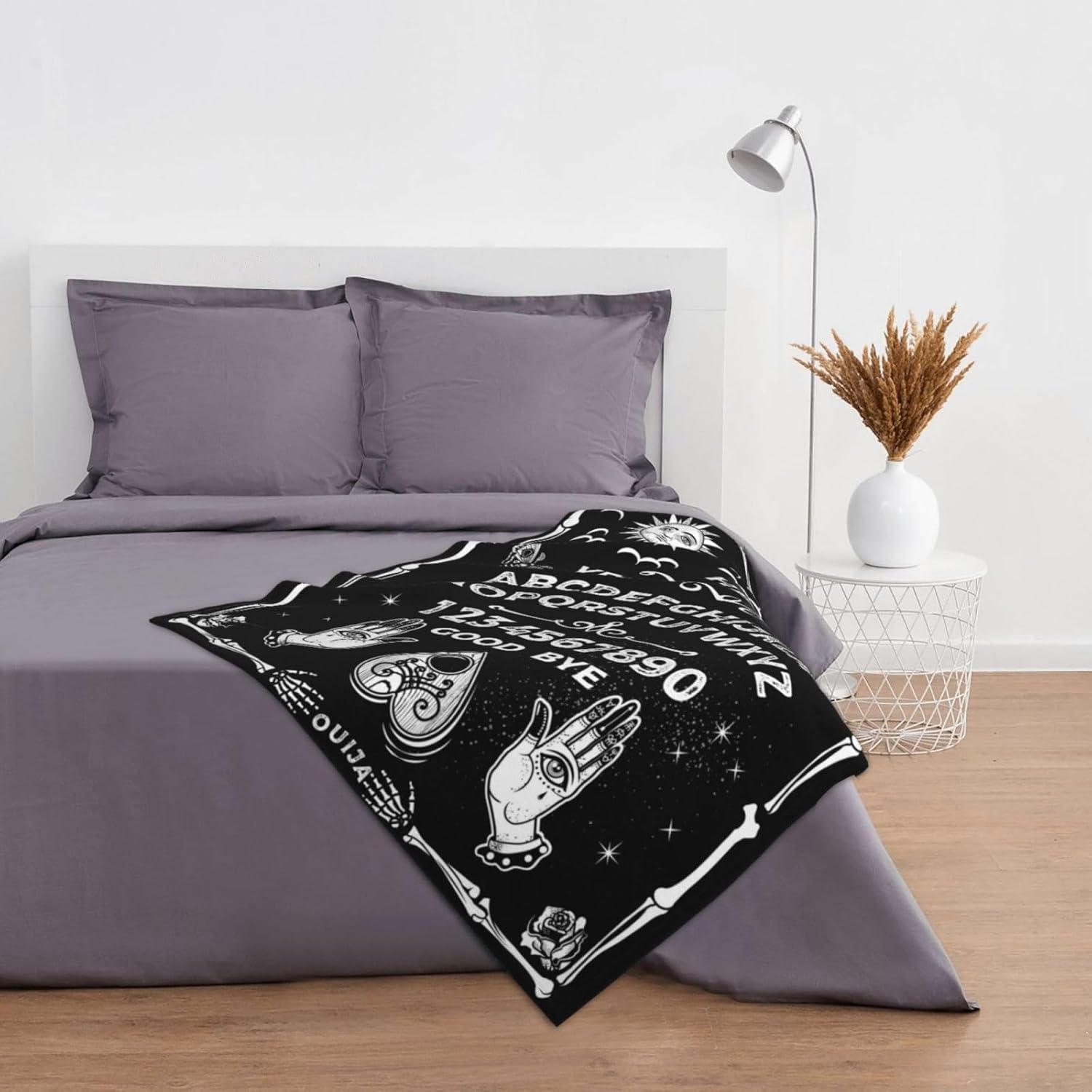 Manta gótica Ouija divertida de terror con diseño de calavera, sol, luna, bruja, negra, para adultos y niños, ropa de cama gótica de Halloween,