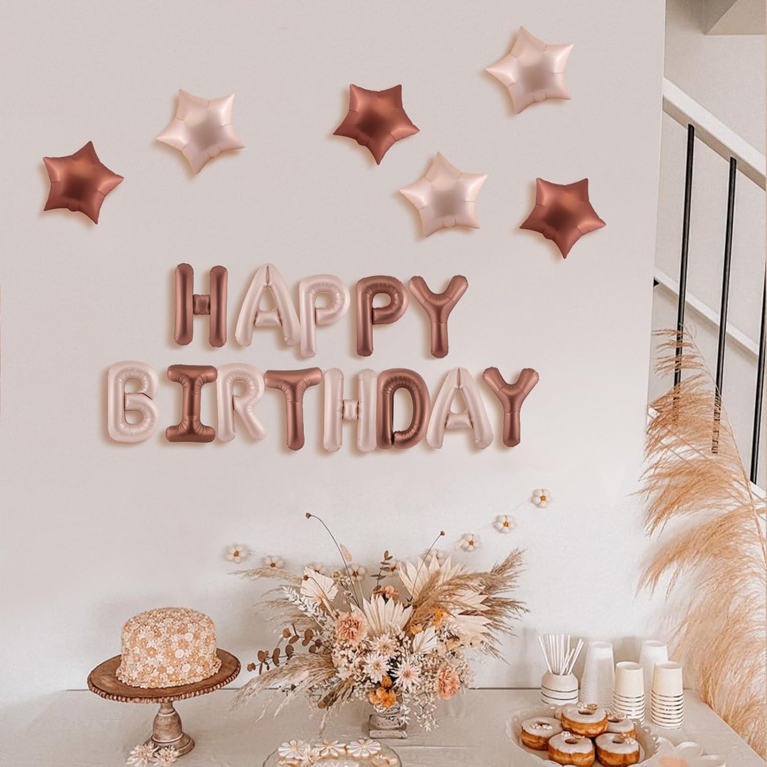 CANREVEL Cartel de feliz cumpleaños, 13 letras de papel de aluminio de Mylar de 16 pulgadas con 6 globos de estrella, decoraciones de fiesta de