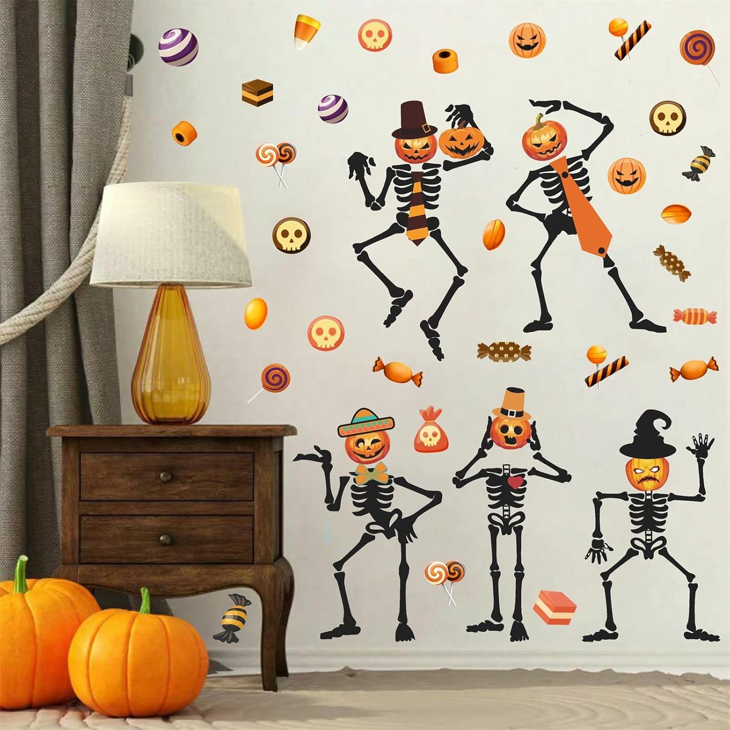 Calcomanía de pared de esqueleto de Halloween, calcomanías de pared de caramelo de calabaza, calcomanías de vinilo para ventana de Halloween,