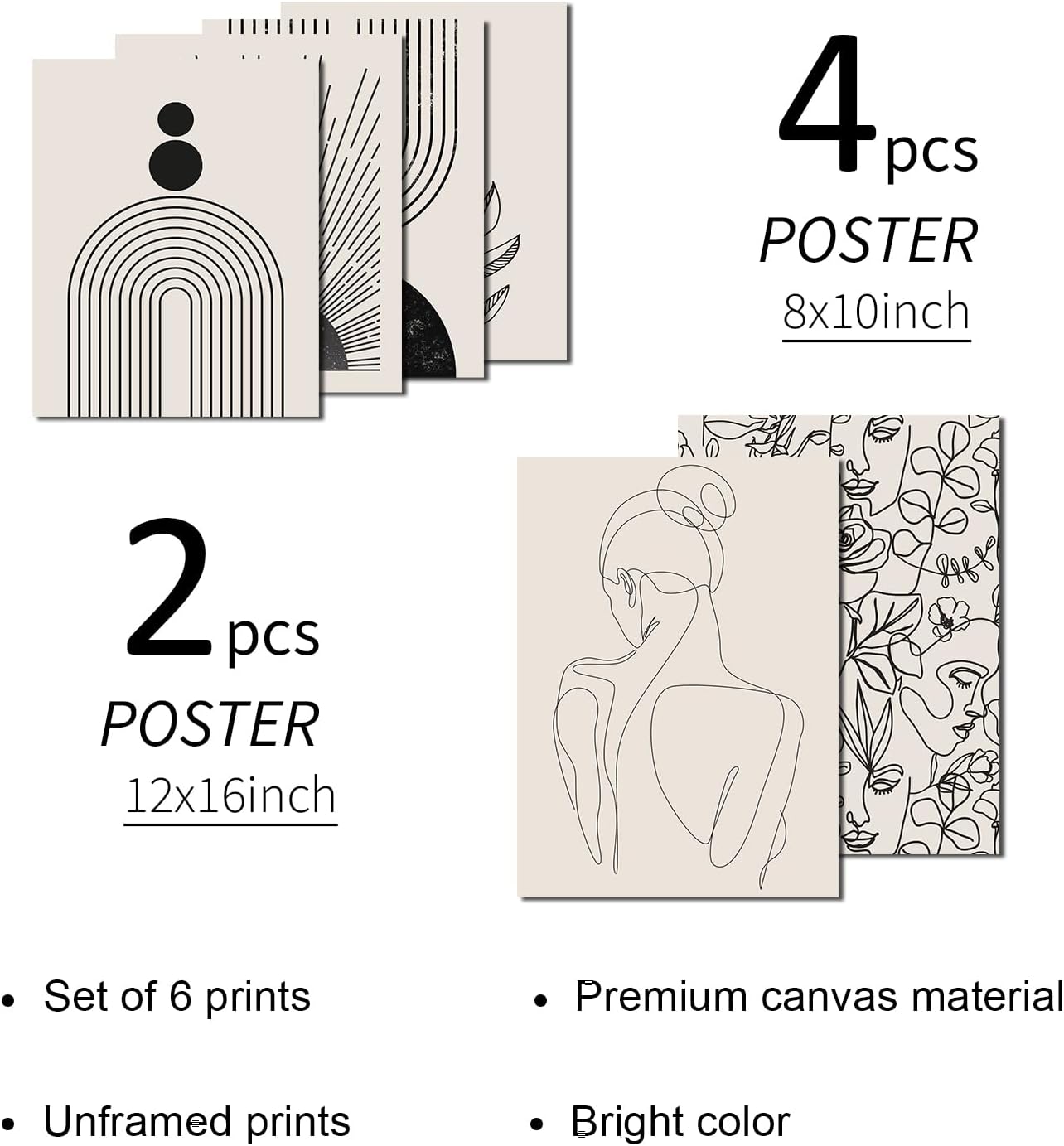 Juego de 6 impresiones artísticas para pared, póster abstracto para exposición, galería minimalista, negro, beige, línea corporal, hoja, bohemio,