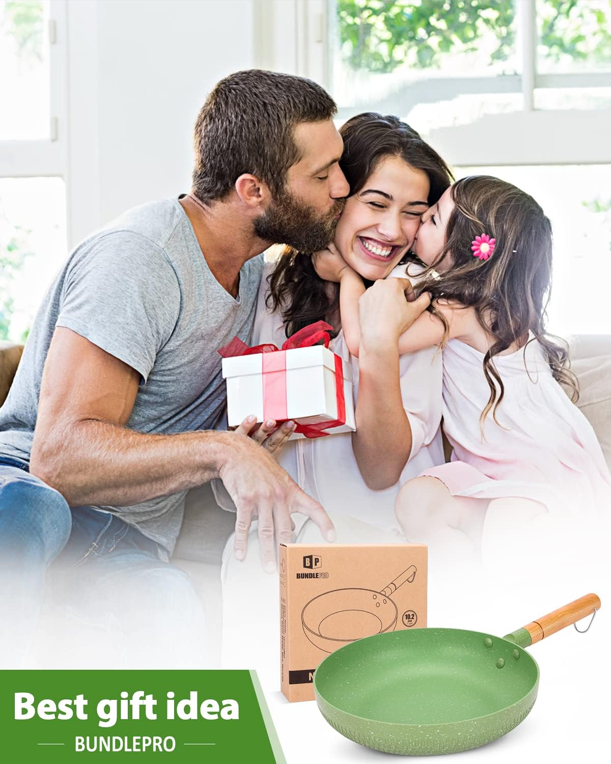BUNDLEPRO Sartén antiadherente, sartén de revestimiento de granito con mango de madera, utensilios de cocina de aluminio verde compatible con