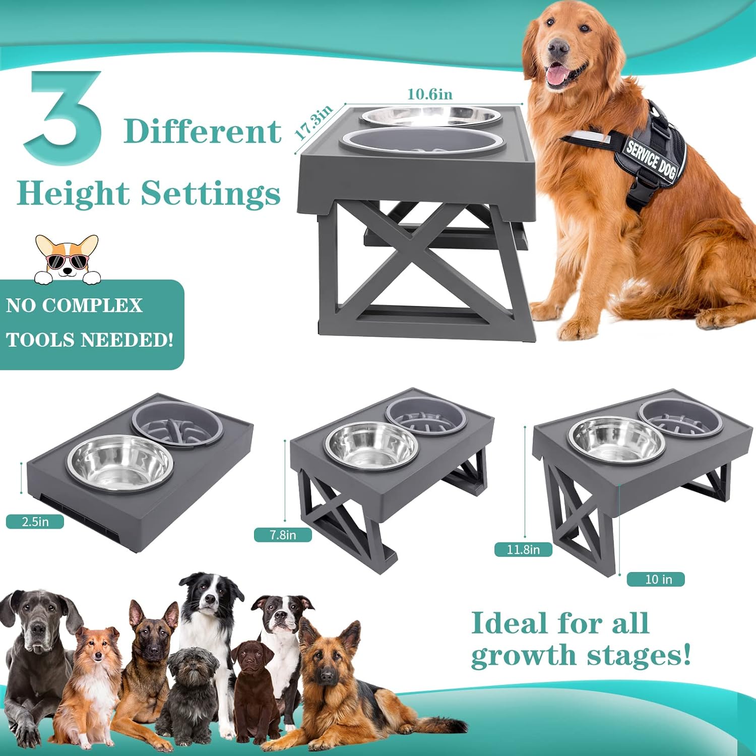Cuencos elevados para perros, cuencos elevados ajustables para perros con 2 cuencos de acero inoxidable con comedero lento, cuencos de comida para