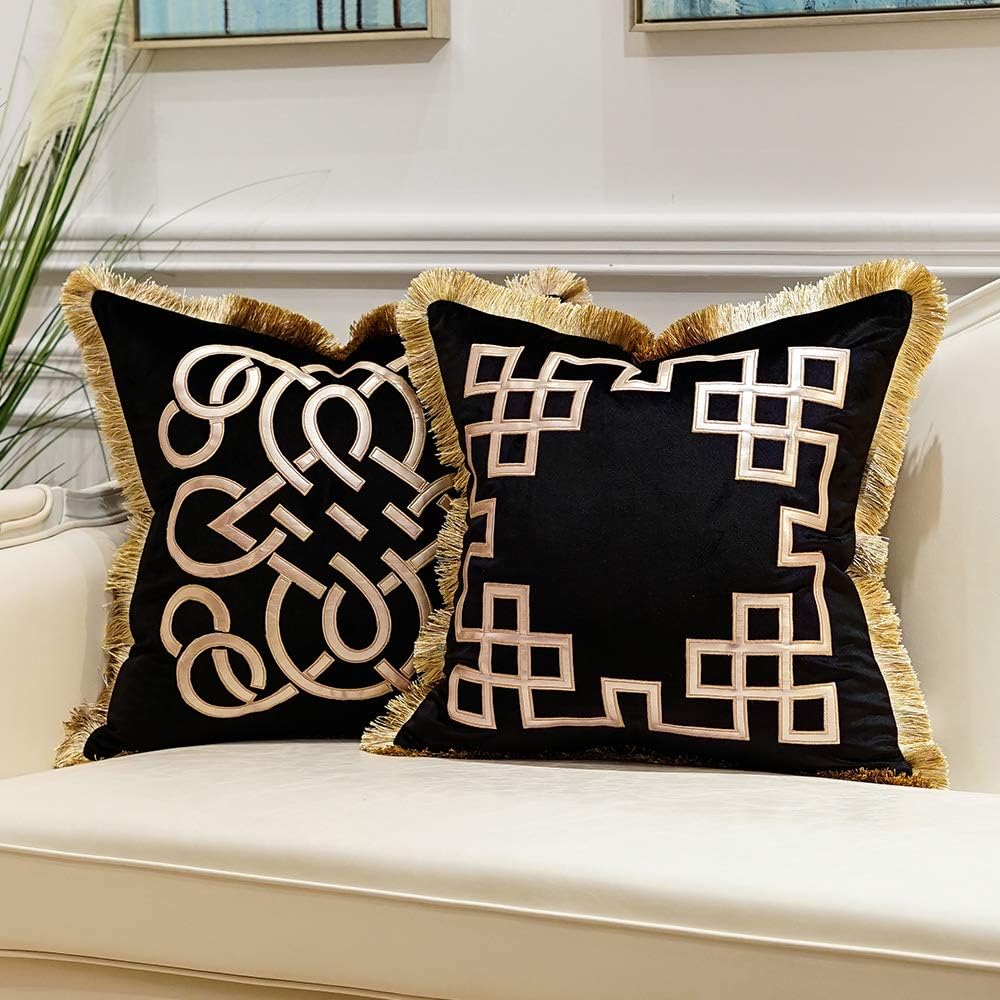 Avigers – Fundas de cojín decorativas de lujo, de 18 x 18 pulgadas, diseño de terciopelo, con borlas, cadenas cuadradas, para sofá, dormitorio, sala