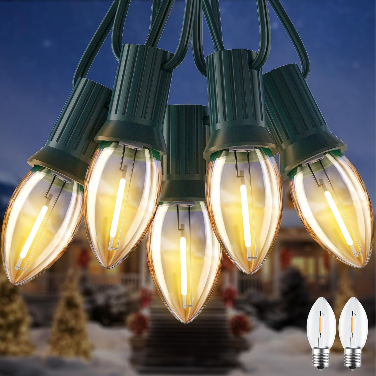 Luces de Navidad LED C7 de 50 pies, cadena de luces vintage para exteriores con 52 bombillas (2 de repuesto), luces de Navidad colgantes comerciales