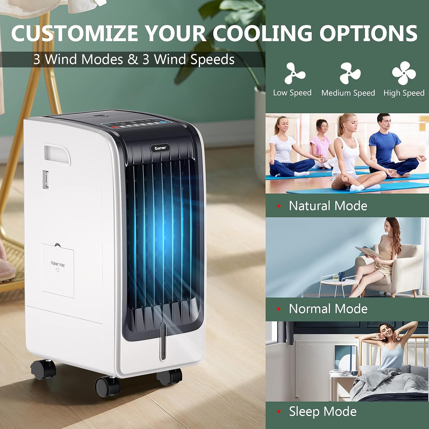 COSTWAY Enfriador de aire evaporativo portátil para habitación, incluye control remoto, 2 paquetes de hielo, ventilador portátil sin aspas con 3