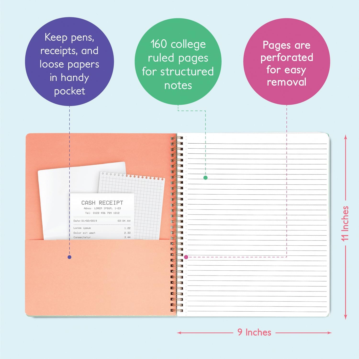 Sweetzer & Orange S&O – Lindos cuadernos en espiral con rayas universitarias con bolsillos, cuaderno de tapa dura para mujer, bonitos cuadernos para