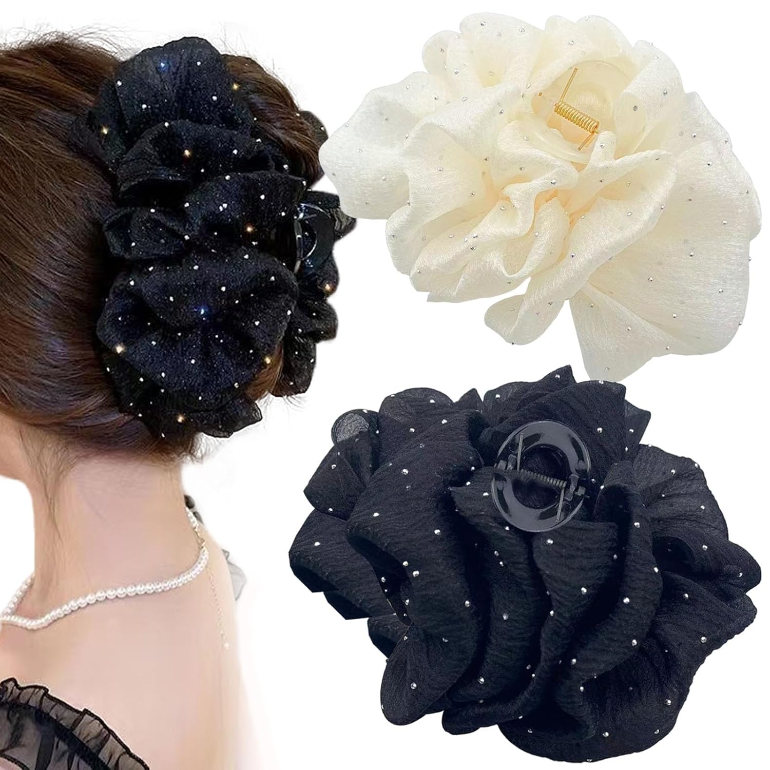 2 pinzas para el cabello de seda, de gasa, pinzas grandes con diamantes de imitación, lazos, pinzas para el cabello, barrtette, accesorios para el