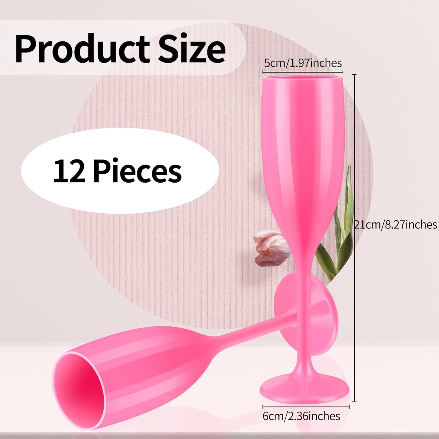 Paquete de 12 copas de champán rosa, copas de plástico de tallo largo de plástico, copas de champán irrompibles y reutilizables para despedidas de
