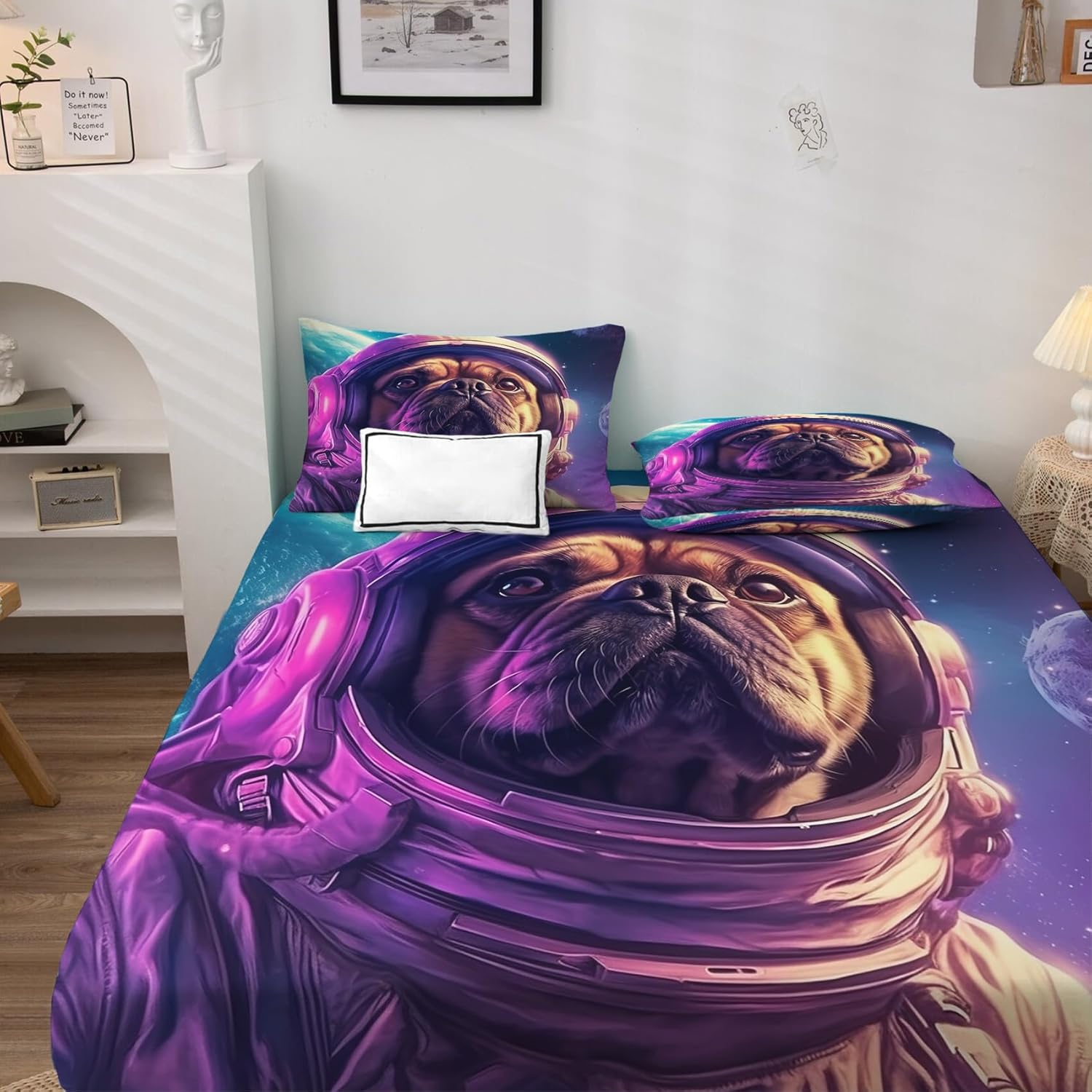 J6-&-101 – Sábanas de bulldog francés dividido tamaño King para cama ajustable, sábanas de astronauta, sábanas estampadas y juego de 5 piezas,