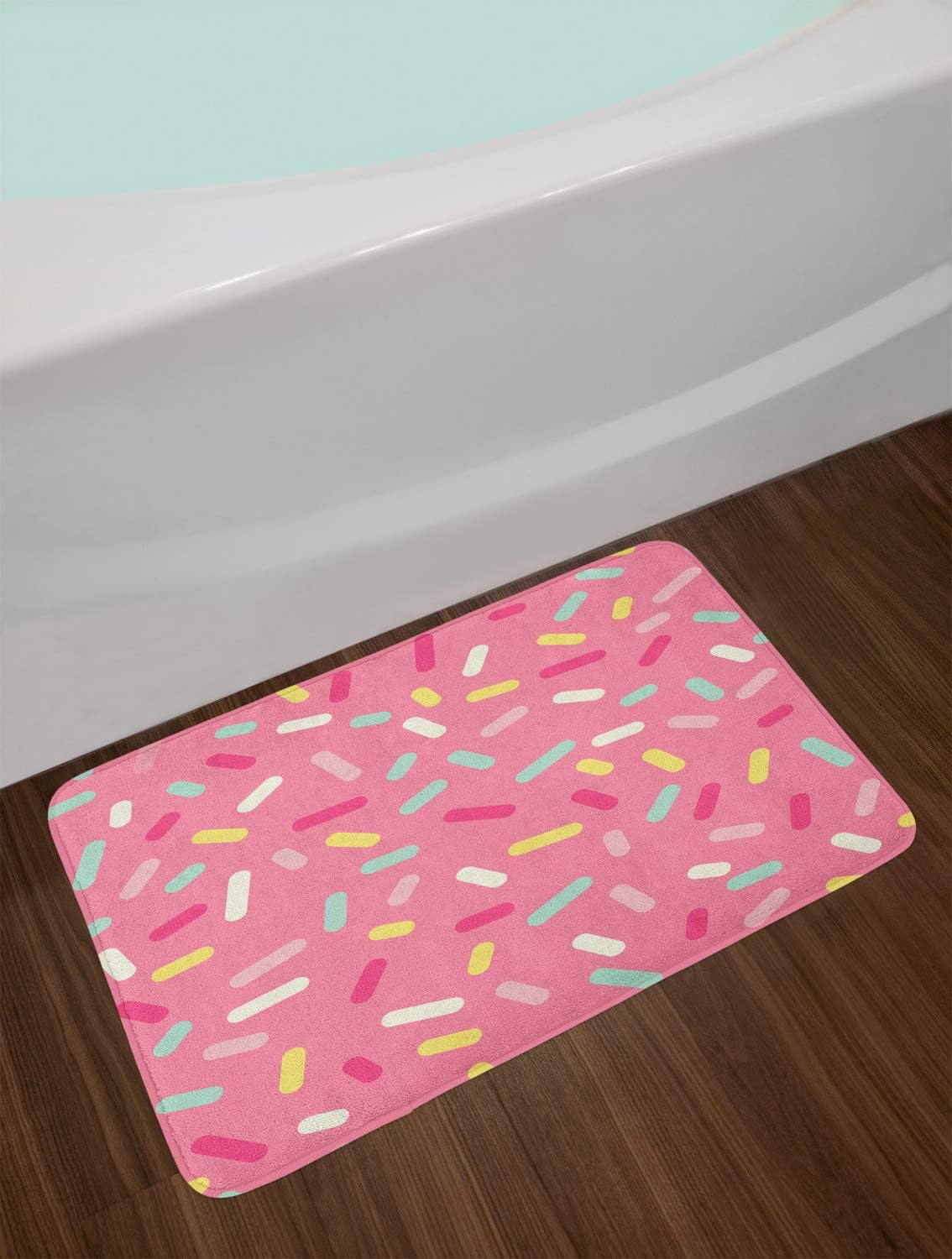 Ambesonne Tapete de baño rosa y blanco, patrón abstracto de colores con diseño de donas coloridas, tema de panadería sabrosa, tapete de felpa para