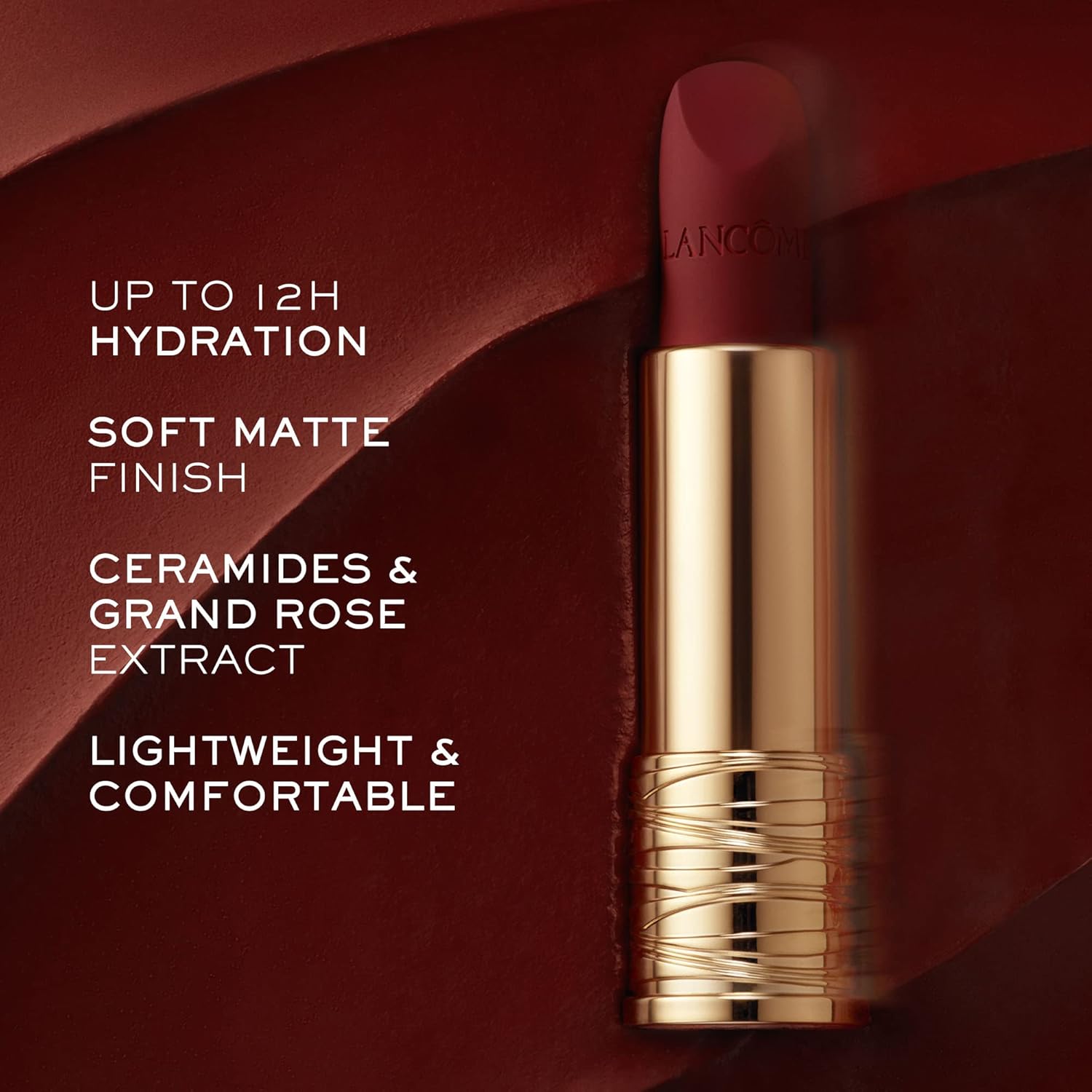 Lancôme L’Absolu Rouge Intimatte Lápiz labial mate hidratante  Fórmula ligera y construida con un acabado mate suave  Comodidad de hasta 12 horas