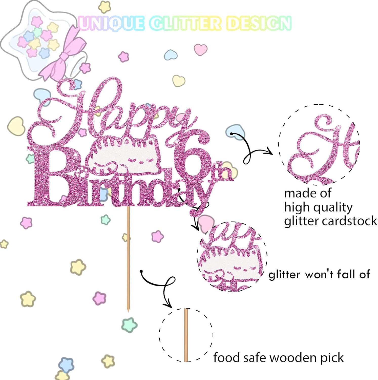 Decoración para tartas de 6 cumpleaños con diseño de gato con purpurina rosa, decoración de pastel de cumpleaños de seis años para niña, decoración