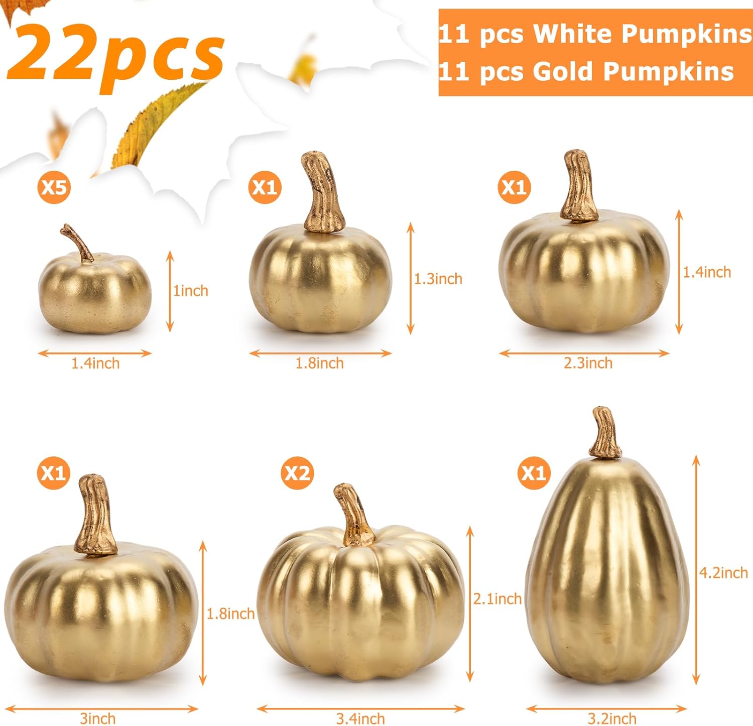 BigOtters 22 piezas de calabazas de otoño, calabazas artificiales, pequeñas calabazas falsas de espuma blanca y dorada para manualidades, Halloween,