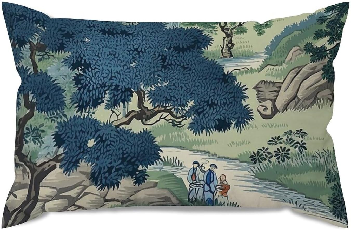 ArogGeld Funda de cojín lumbar de estilo chinoiserie, diseño de dinastía asiática, color azul y verde, para dormitorio, sofá, 12 x 20 pulgadas, lino