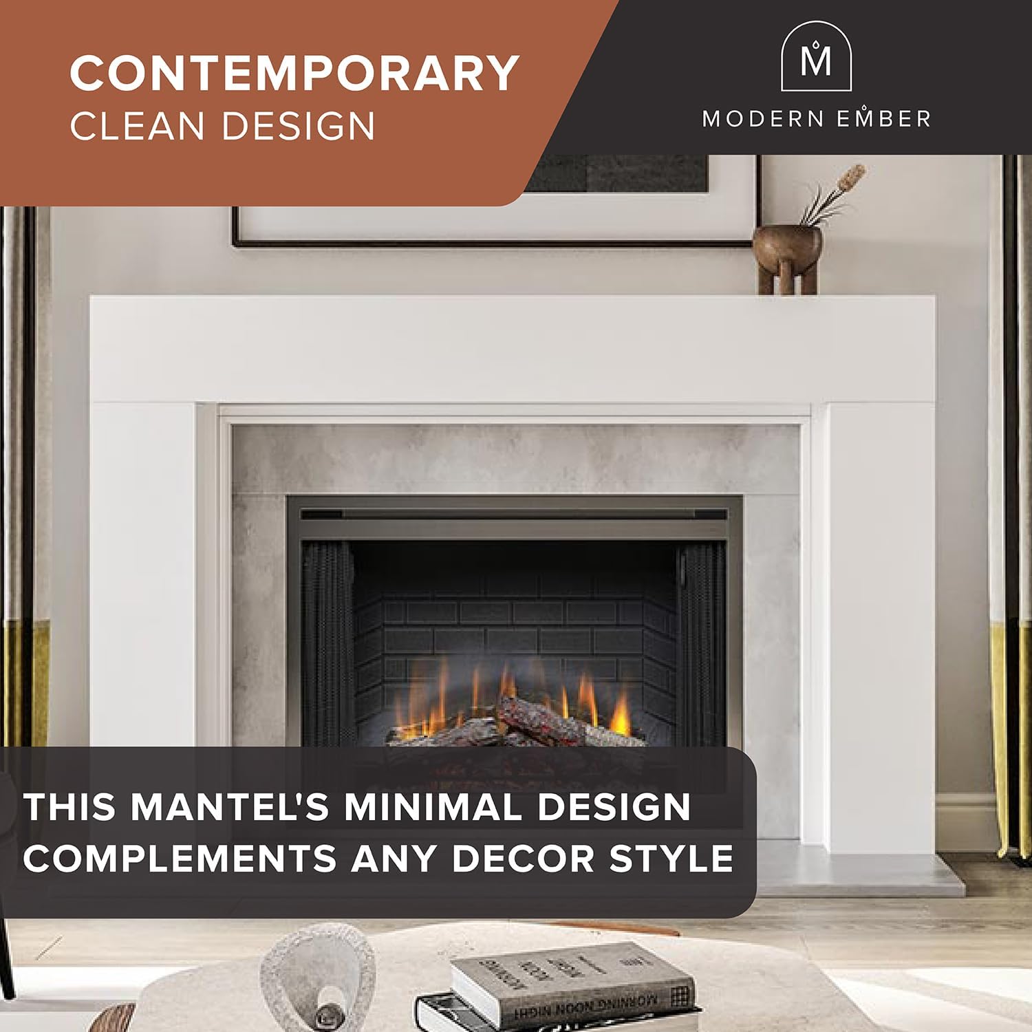 Modern Ember Sabine – Kit envolvente de chimenea de madera, apertura blanca de 48 x 42 pulgadas, 72 x 54 pulgadas en total, estética moderna mínima