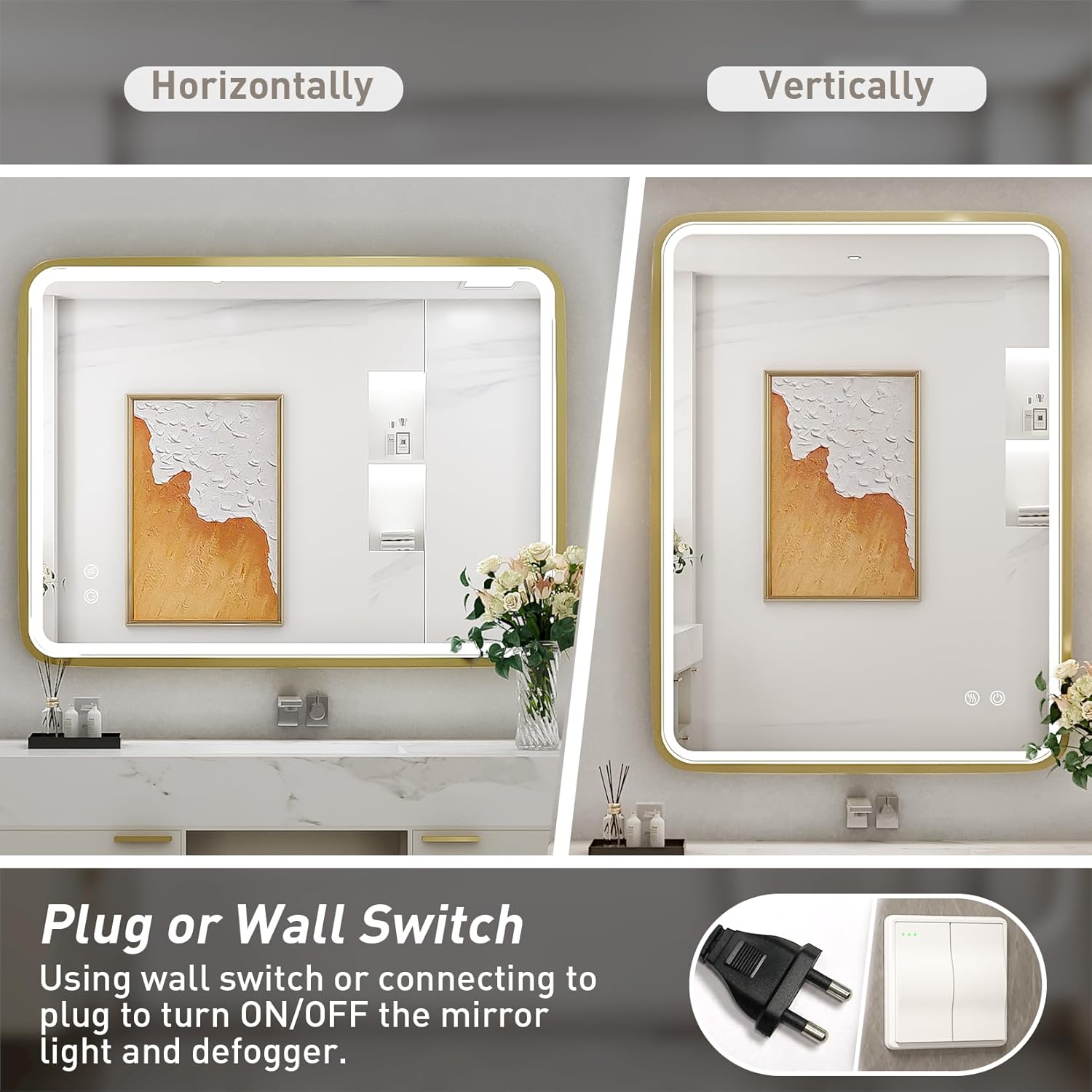 Espejo de baño LED de 28 x 36 pulgadas con luces, espejos de tocador iluminados para montar en la pared con marco de metal dorado que no se oxida,