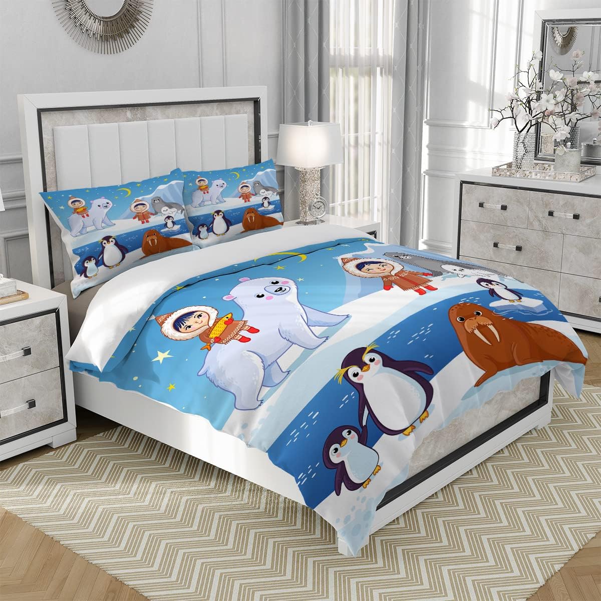 Juego de funda de edredón de animales árticos, tamaño King, bonito diseño de pingüino y oso polar, funda de edredón para dormitorio de adolescentes,