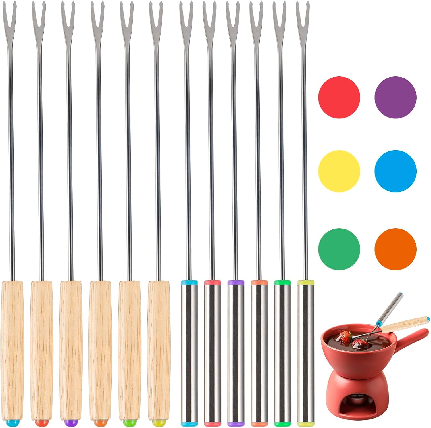 12 tenedores para fondue de 9.4 pulgadas, de acero inoxidable, mango de madera, para fondue de chocolate, para fondue y queso, malvaviscos, frutas