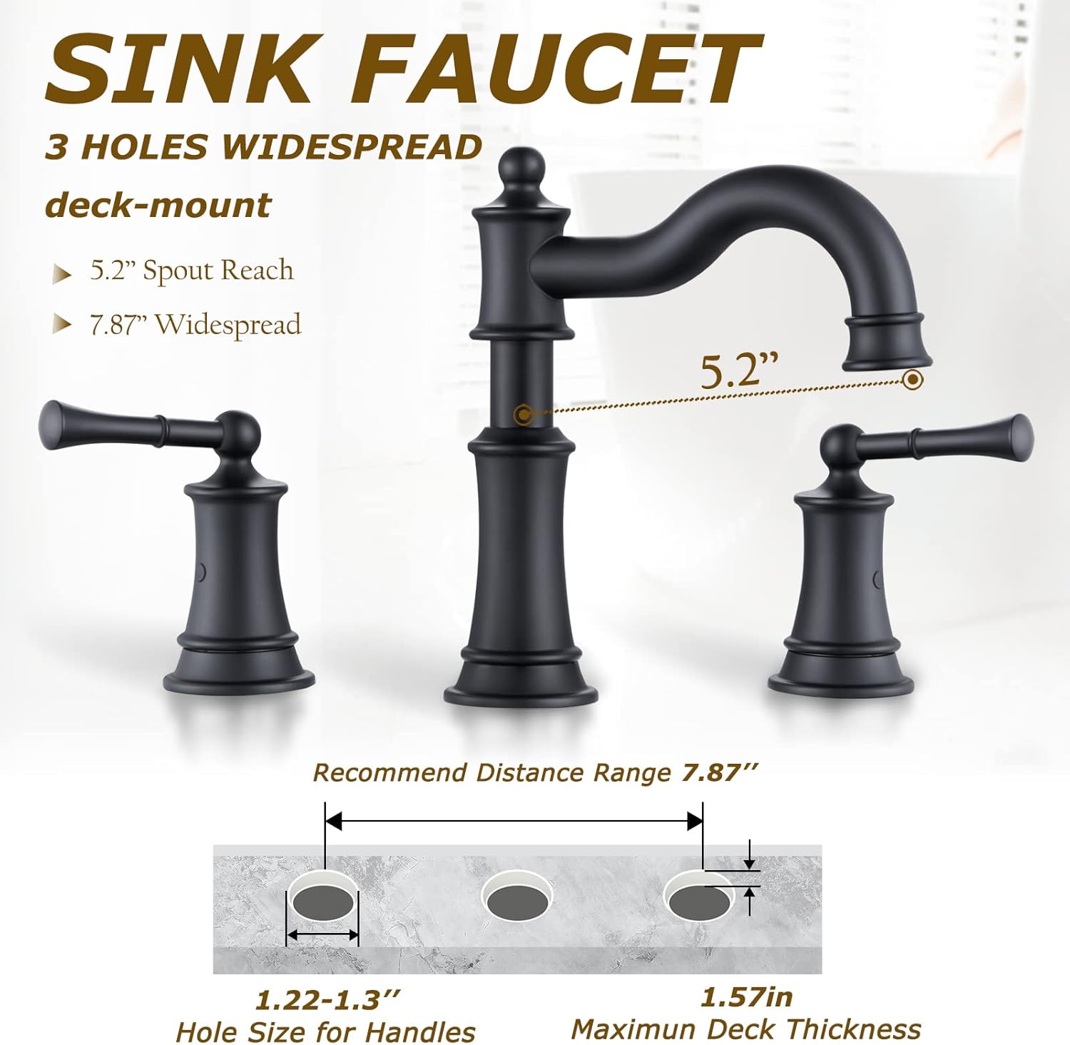 Grifo romano para fregadero de baño, 3 agujeros, negro mate, 2 asas, instalación generalizada de montaje en cubierta de 8 pulgadas con ensamblaje de