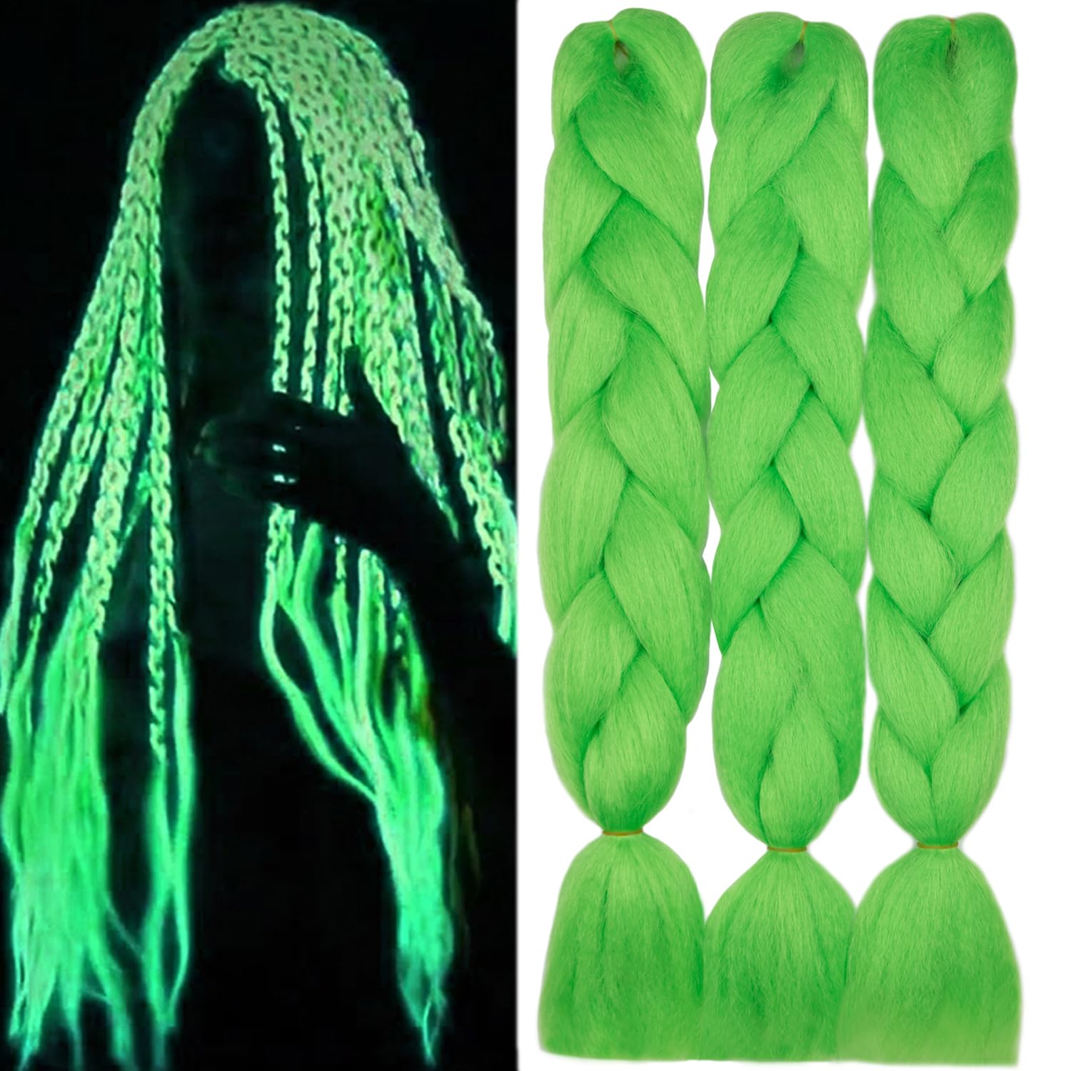 Extensiones de cabello trenzado Kanekalon verde lima que brilla en la oscuridad, 24 pulgadas, 3 piezas, sin nudos, jumbo, trenzas de caja, cabello