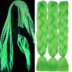 Extensiones de cabello trenzado Kanekalon verde lima que brilla en la oscuridad, 24 pulgadas, 3 piezas, sin nudos, jumbo, trenzas de caja, cabello Extensiones de cabello trenzado Kanekalon verde lima que brilla en la oscuridad, 24 pulgadas, 3 piezas, sin nudos, jumbo, trenzas de caja, cabello