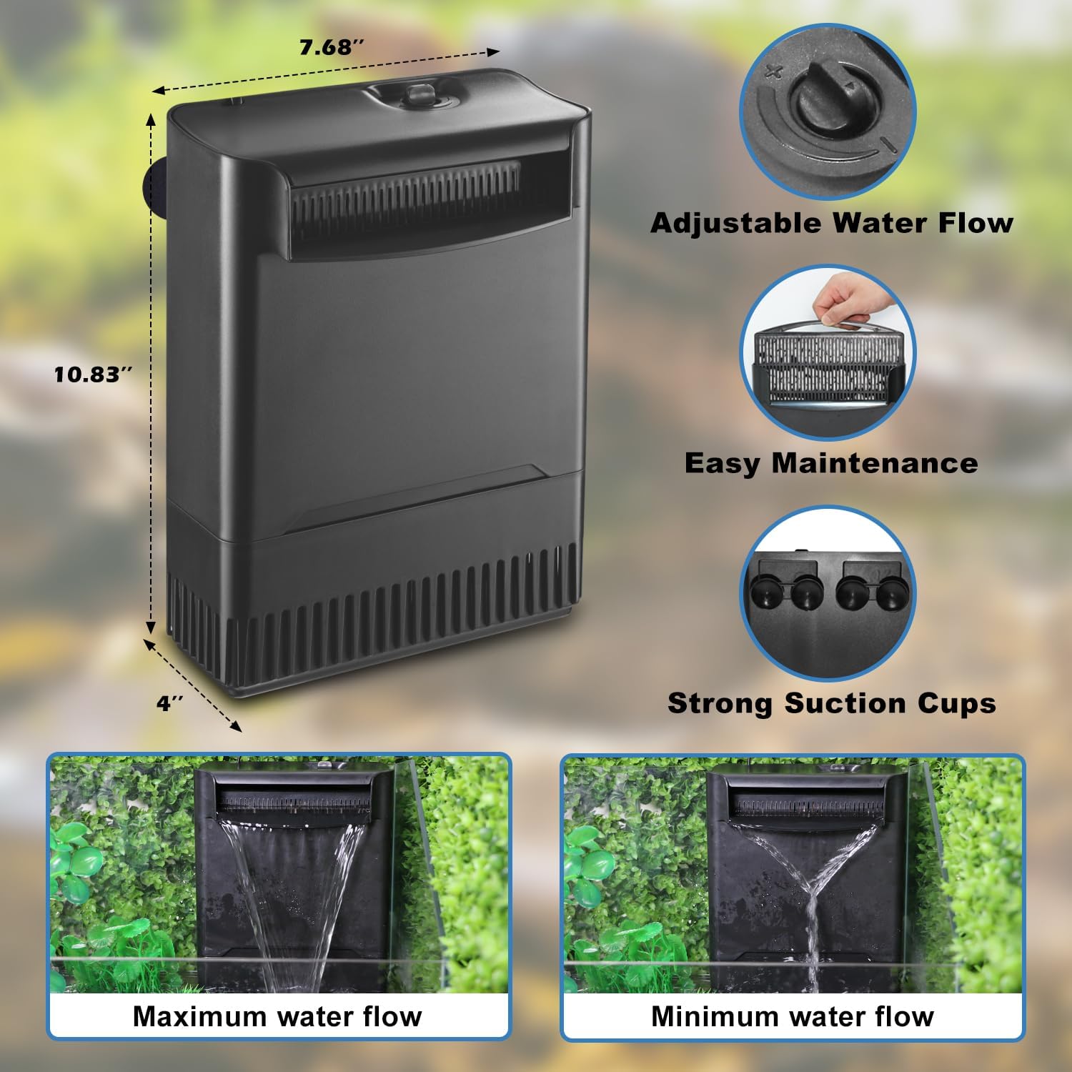 Filtro de tanque de tortuga, filtro de acuario, potencia ajustable, 30-55 galones. Filtro interno grande de 290 GPH en cascada de 3 etapas,