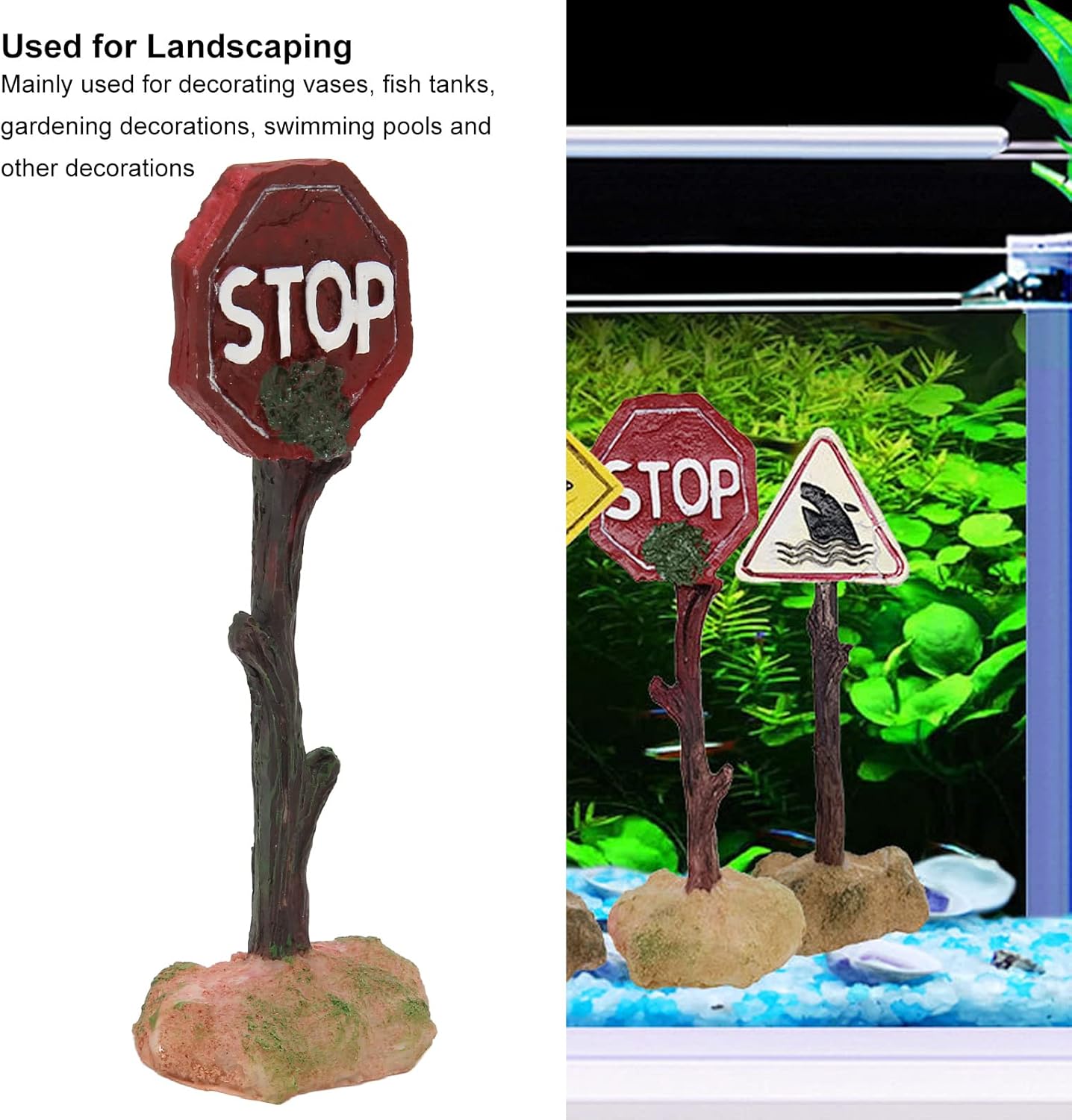 HEEPDD Señal de advertencia de parada de acuario, señal de advertencia de pecera de resina, decoración de paisaje para pecera pequeña y mediana