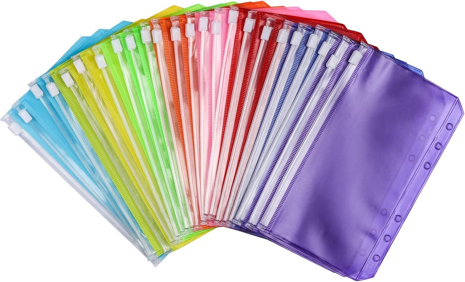 24 bolsillos A6 con 6 agujeros con cremallera para efectivo, tarjetas de identificación, tarjetas de crédito, 8 colores