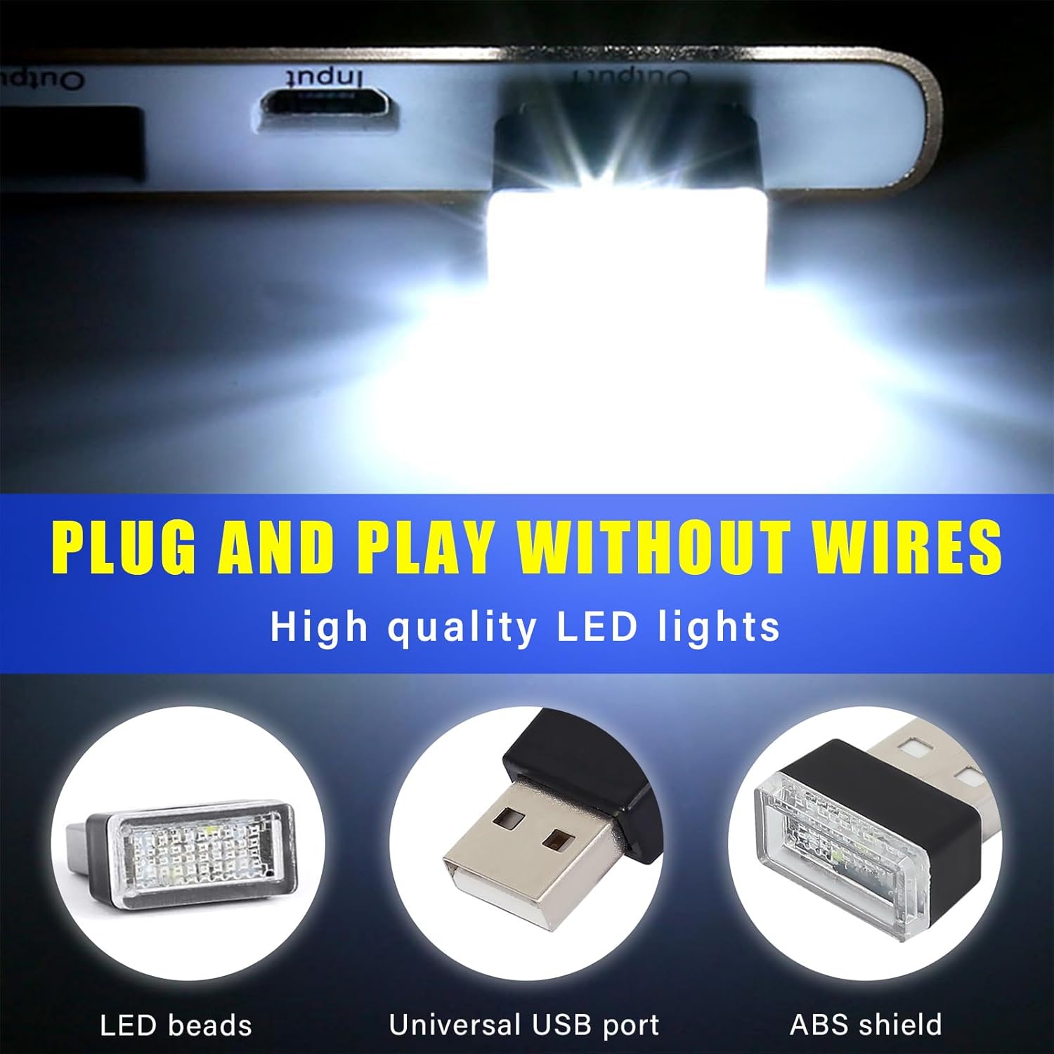 Augeny 4 lámparas LED USB para el interior del automóvil, luz nocturna decorativa USB enchufable, kit de iluminación ambiental portátil, accesorios