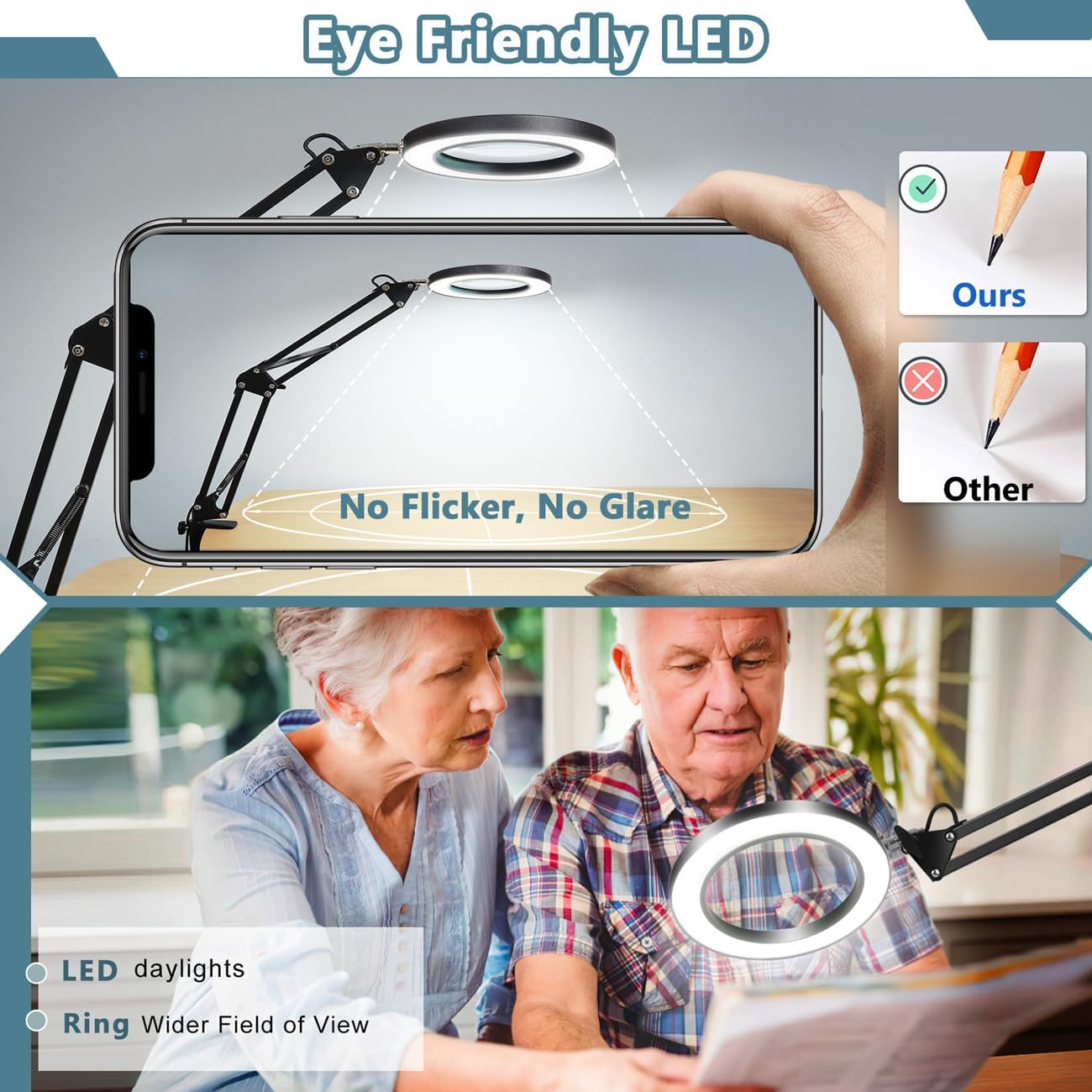 Veemagni – Lupa de 10 veces con luz y abrazadera, 3 modos de color, luz LED de cristal real regulable sin escalones, lámpara de escritorio con brazo