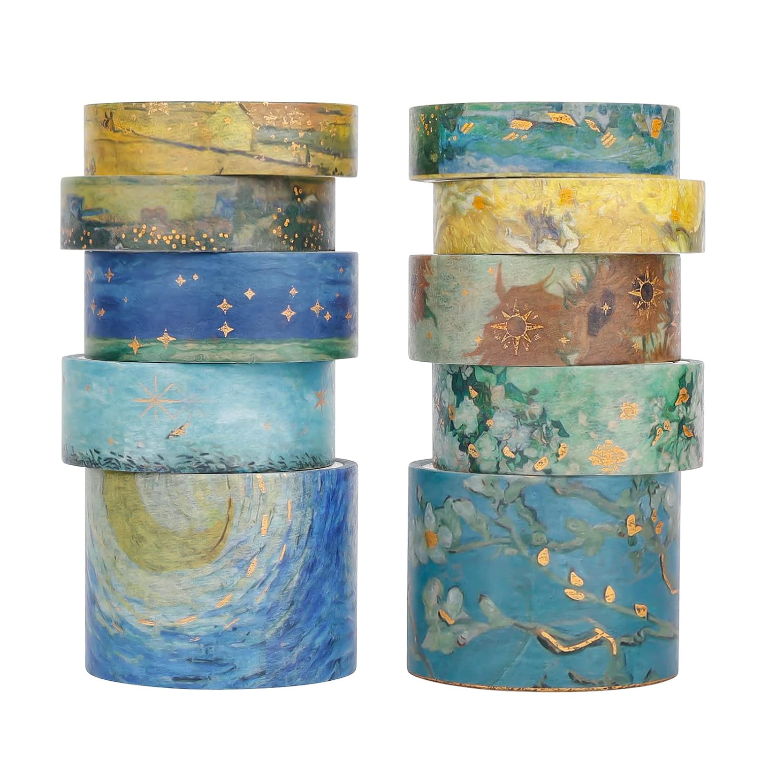 Lychii Van Gogh Washi Tape, 10 rollos de cinta adhesiva Washi de acuarela vintage con papel de aluminio dorado, suministros estéticos para diario,