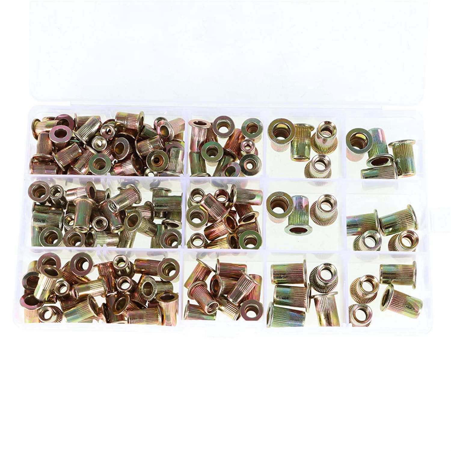 150 piezas SAE 14-20 10-32 10-24 8-32 6-32 Kit de tuercas remachadoras Kit surtido de tuercas de remache de cabeza plana roscada tuerca de inserción