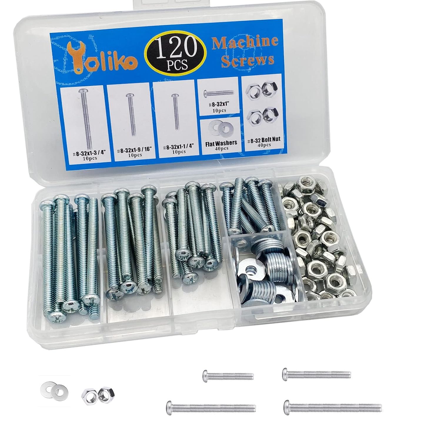 120 tornillos de máquina 832 perillastornillos de tracción, tuercas de perno, arandelas planas, kit surtido de acero al carbono, galvanizado,