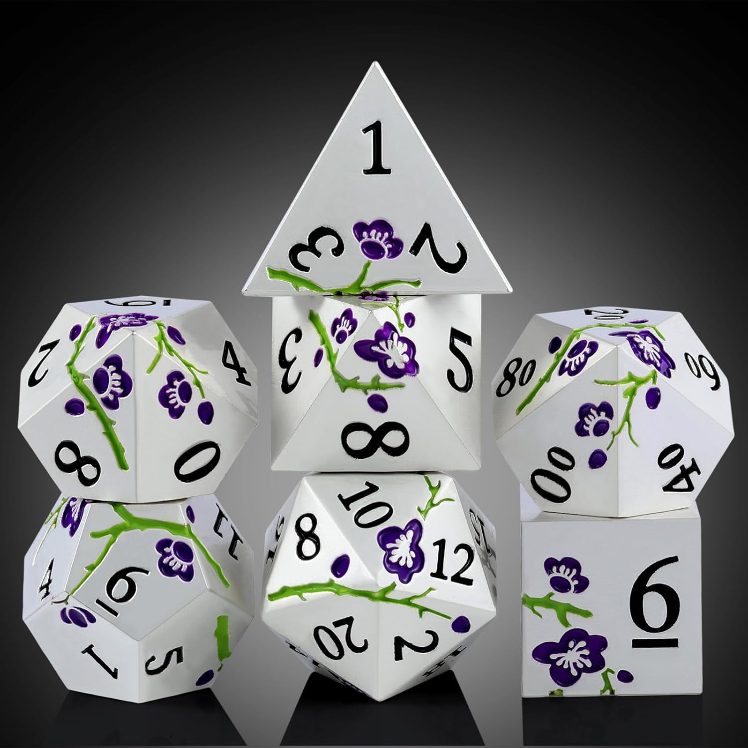 DNDND – Juego de 7 dados metálicos metálicos pesados con estuche de regalo para juego de mesa de Calabozos y Dragones (plata mate con flor morada)