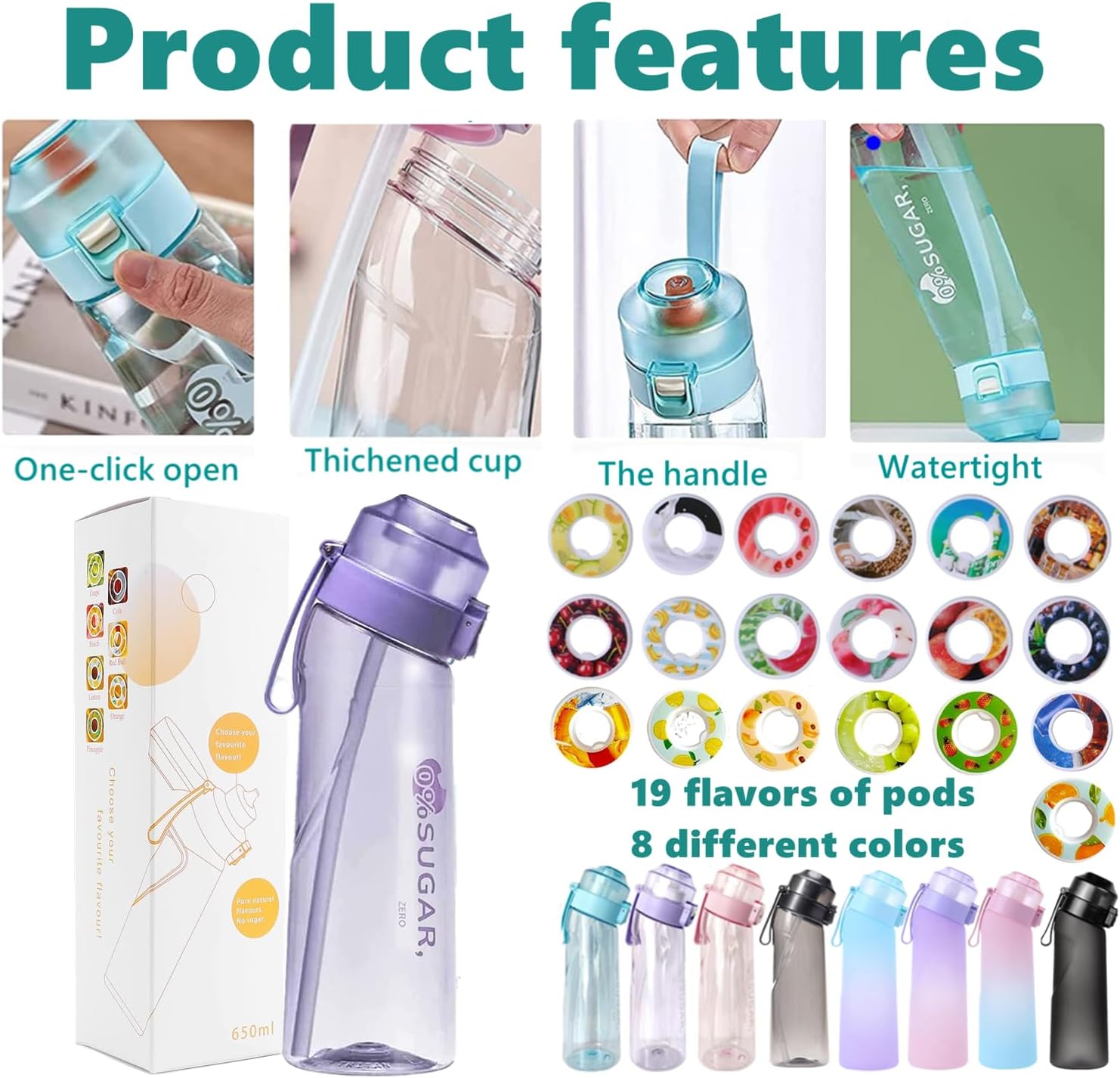 Botella de agua de aire con 7 cápsulas de sabor, botella de agua con fragancia de fruta de 22.1 fl oz, taza de agua con 0% de azúcar, sin BPA, taza