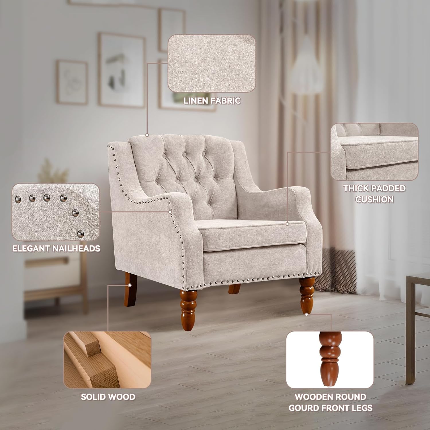 TTK Sillas decorativas de tela de lino, moderna de mediados de siglo, silla decorativa tapizada individual con respaldo, cómoda silla de lectura con