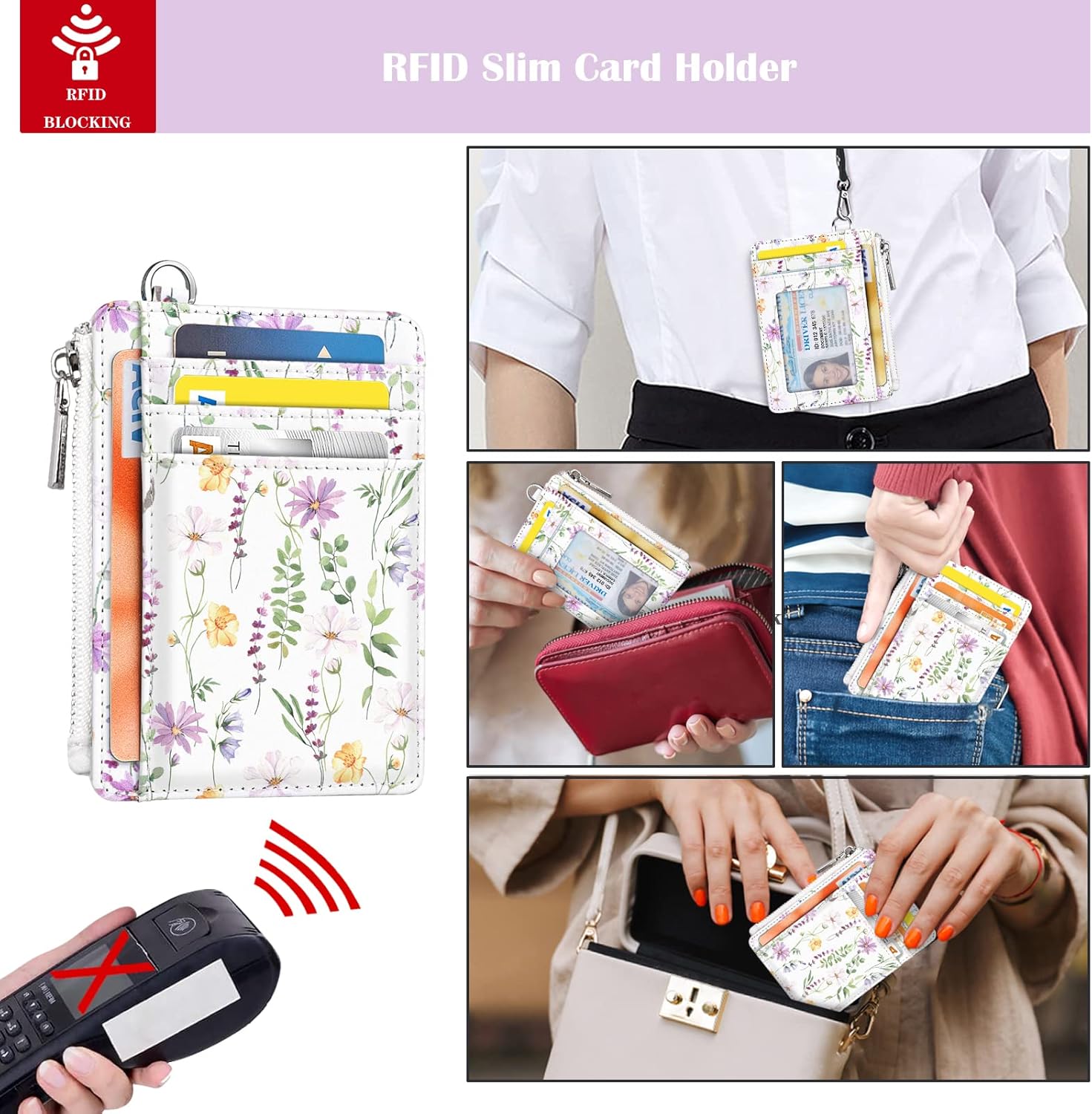 WAVEYU Cordón para cartera, cordón para tarjetas de identificación, cartera con cordón para mujeres y niñas, cordón para la muñeca con soporte para