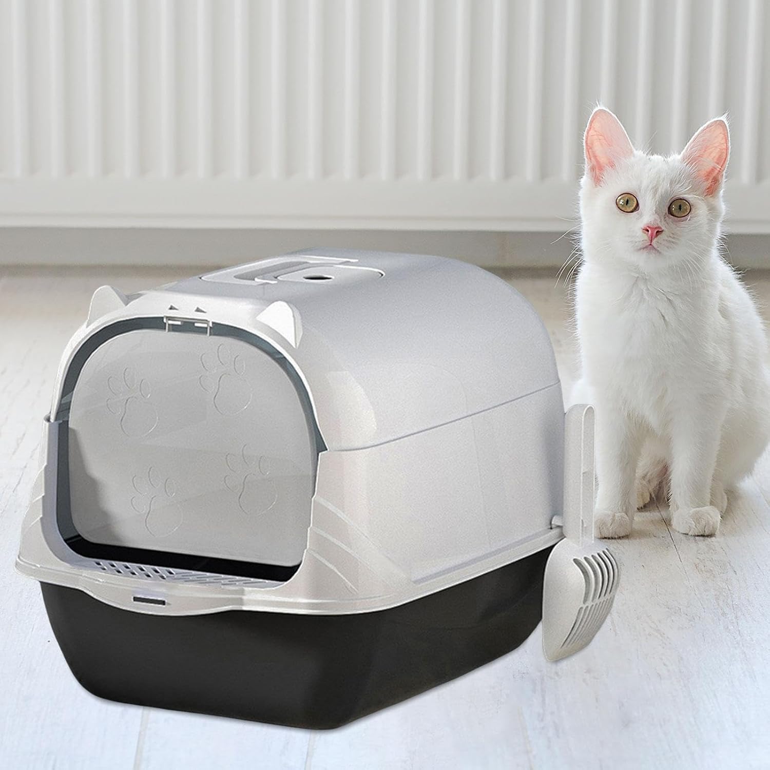 Caja de arena para gatos cerrada y cubierta con capucha para gatos, bandeja de arena duradera de dos vías para puerta móvil, caja de arena profunda