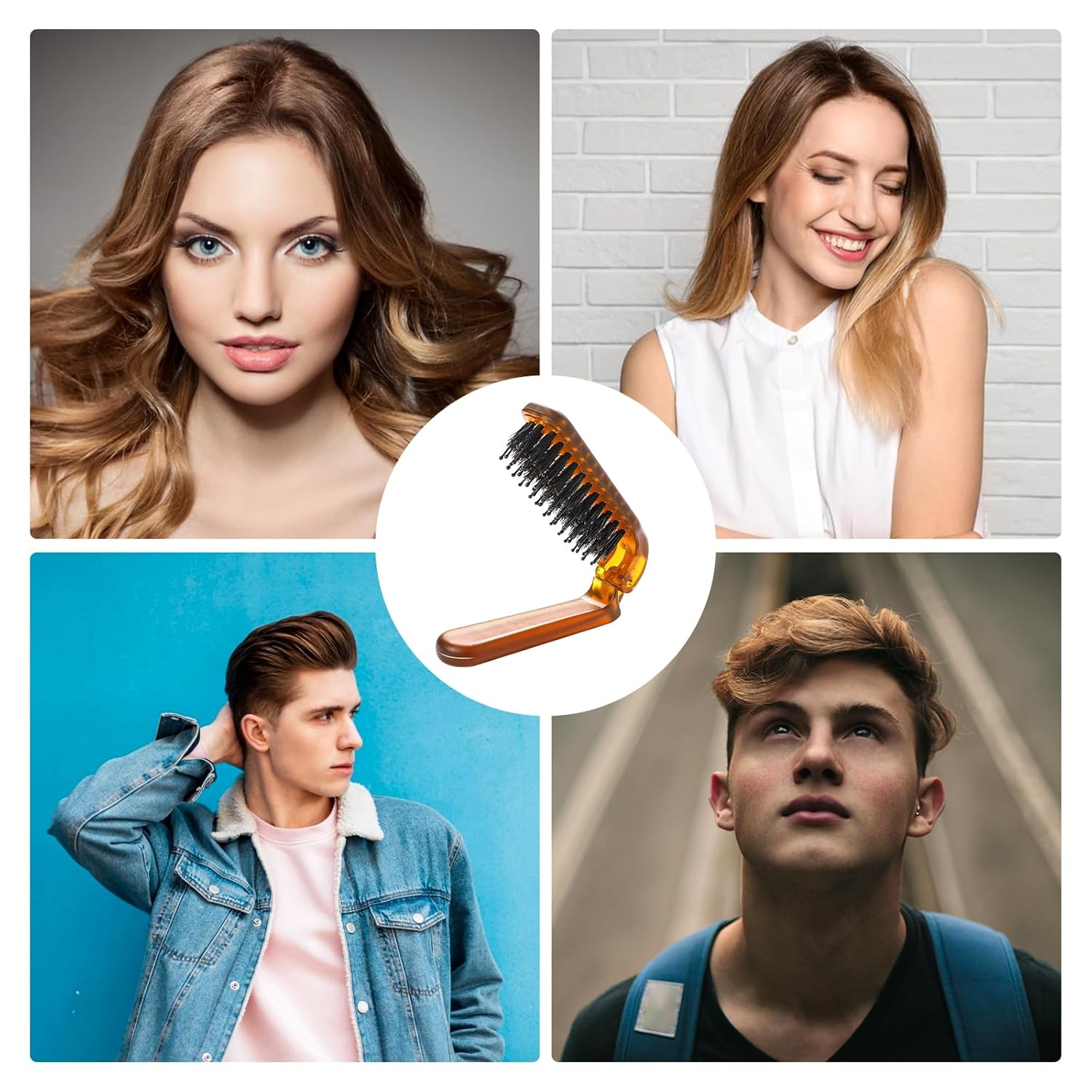 Paquete de 2 cepillos plegables para el cabello, cepillo de tamaño de viaje con cerdas naturales de jabalí y pasadores de nailon, cepillo pequeño