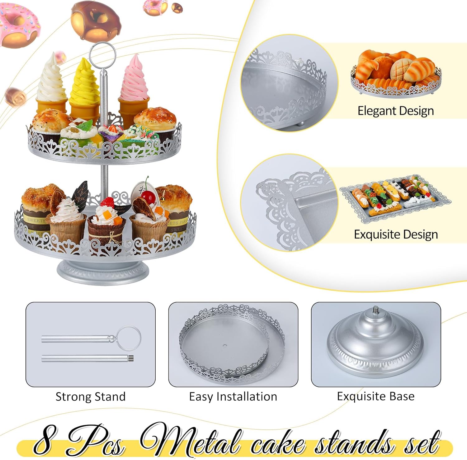 Tioncy Juego de 8 soportes para tartas, soportes de exhibición de mesa de postres de metal para mesa de postres, soporte para cupcakes escalonados,