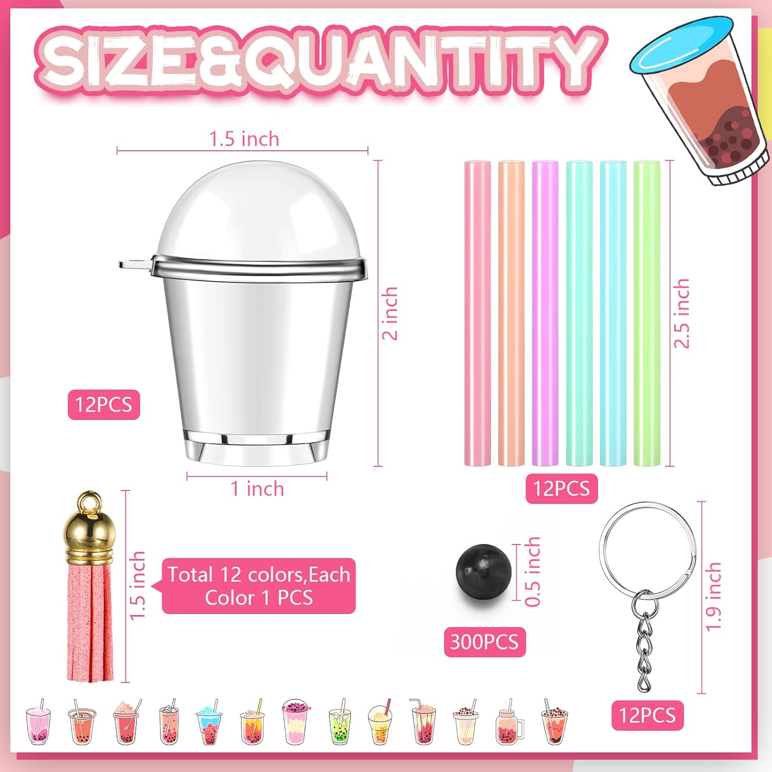 348 piezas de mini llaveros de té lechoso, accesorios de pegamento de crema de té de burbujas, incluye 12 anillos, 12 dijes colgantes de mini taza