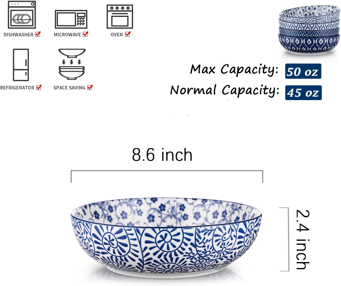 Selamica Juego de 4 cuencos de cerámica para pasta de 50 onzas, cuencos grandes de ensalada de 8.6 pulgadas, cuencos de sopa de porcelana anchos y